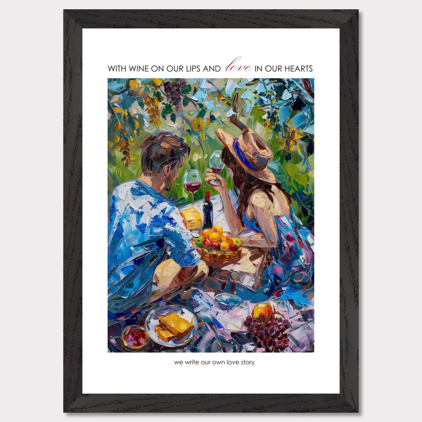 Couple on a summer picnic - Poster with a wooden frame