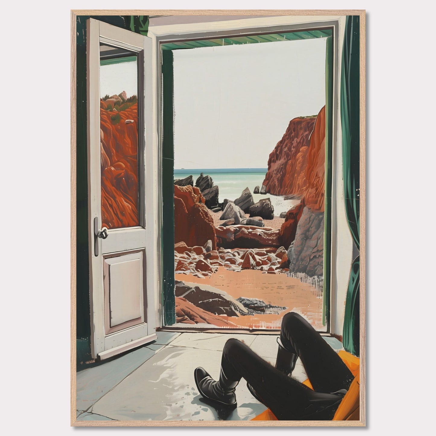 This image captures a serene view of a rocky beach through an open door. The scene is framed by the interior of a room where a person is seated, legs stretched out, possibly relaxing and enjoying the view.