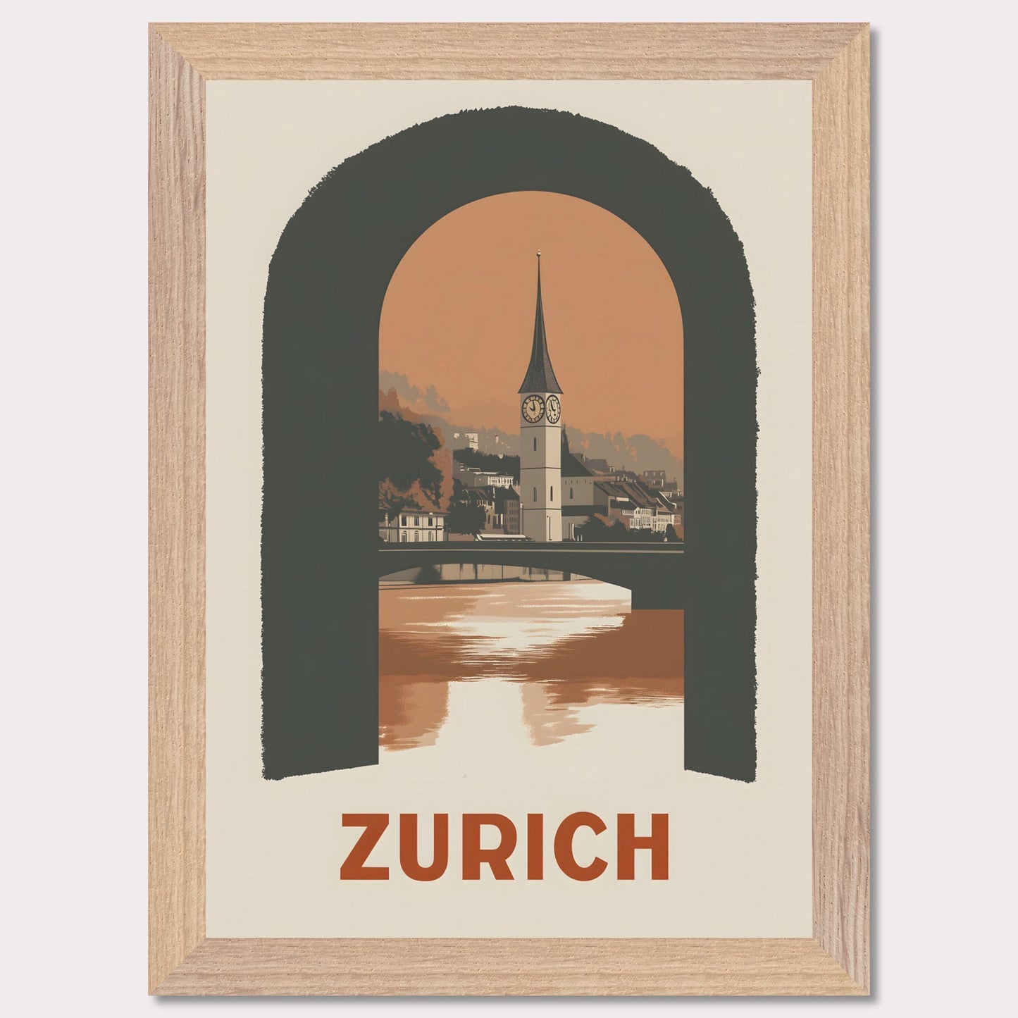 A sophisticated poster featuring Zurich’s historic clock tower, framed through an arched window. The blend of soft tones and bold composition creates a striking visual balance.