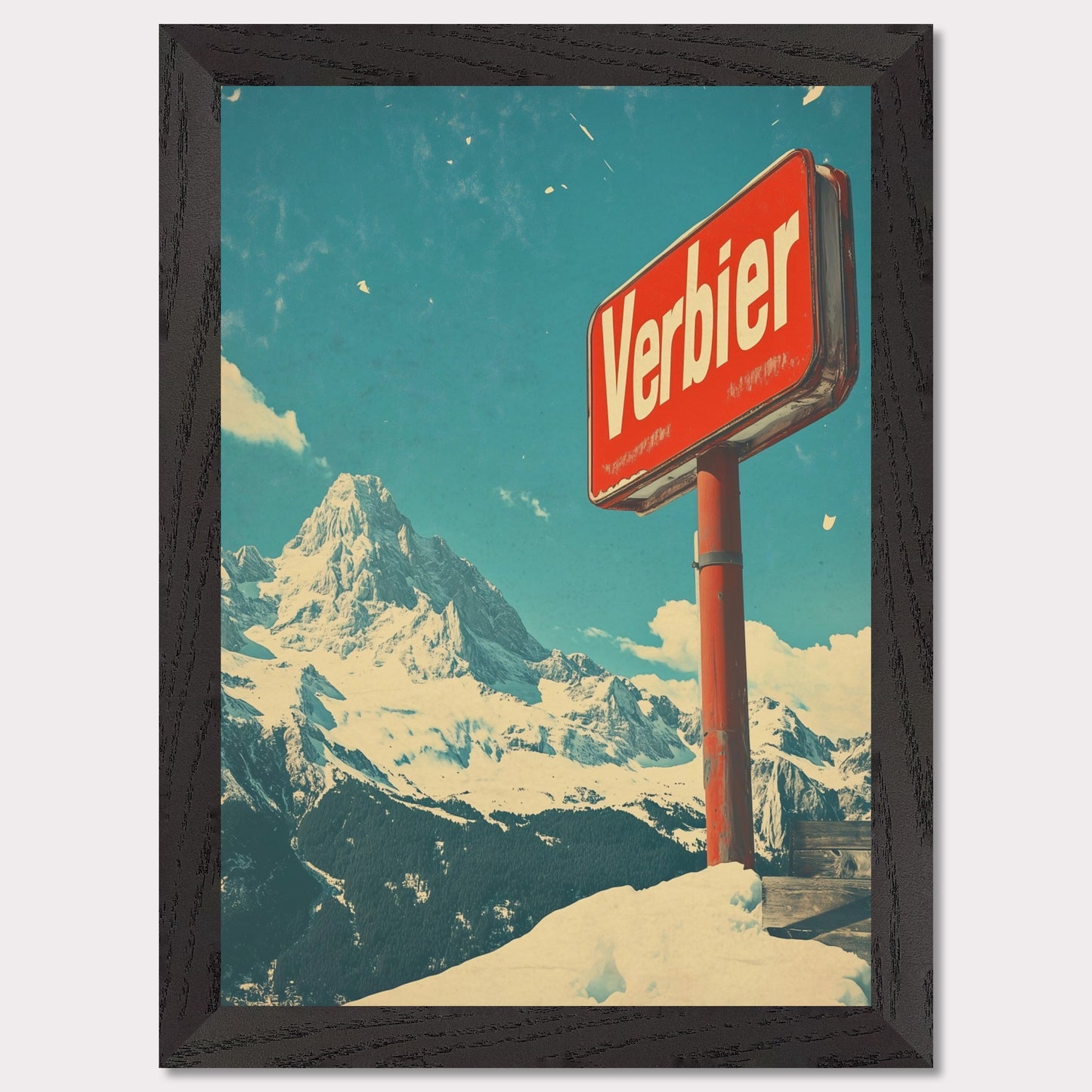 This striking retro-style poster showcases the iconic "Verbier" sign against the backdrop of towering snow-covered peaks and a bright blue sky. The rustic sign, partially worn by time, perfectly complements the expansive, untouched wilderness of the Swiss Alps. The vintage color palette and texture evoke a sense of nostalgia, capturing the allure of Verbier as a timeless destination for adventure and escape into nature’s beauty.