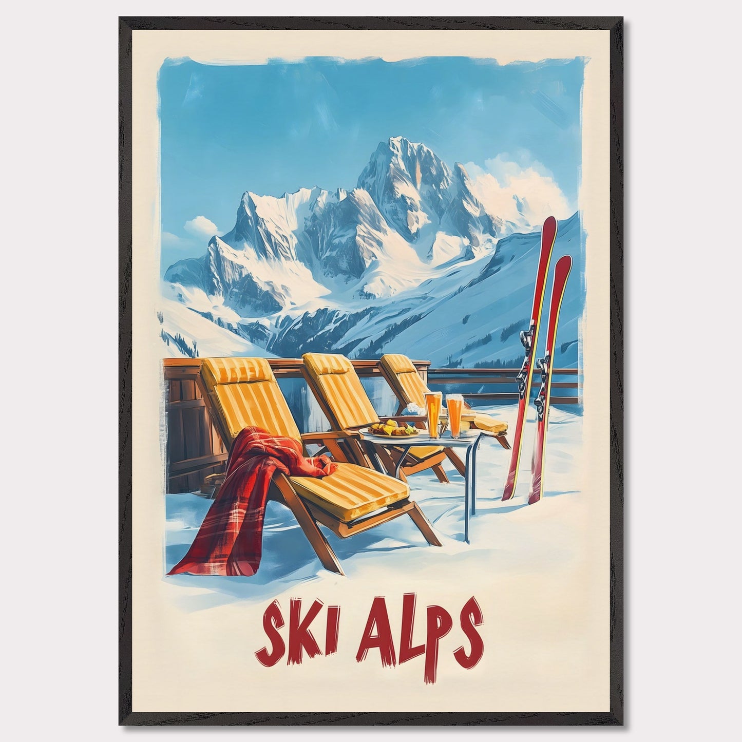 This vibrant poster captures the joy of a sunlit winter day in the Alps. Relaxation takes center stage with inviting lounge chairs draped in cozy blankets, complemented by refreshing beverages and a mountain backdrop that stretches into the clear blue sky.