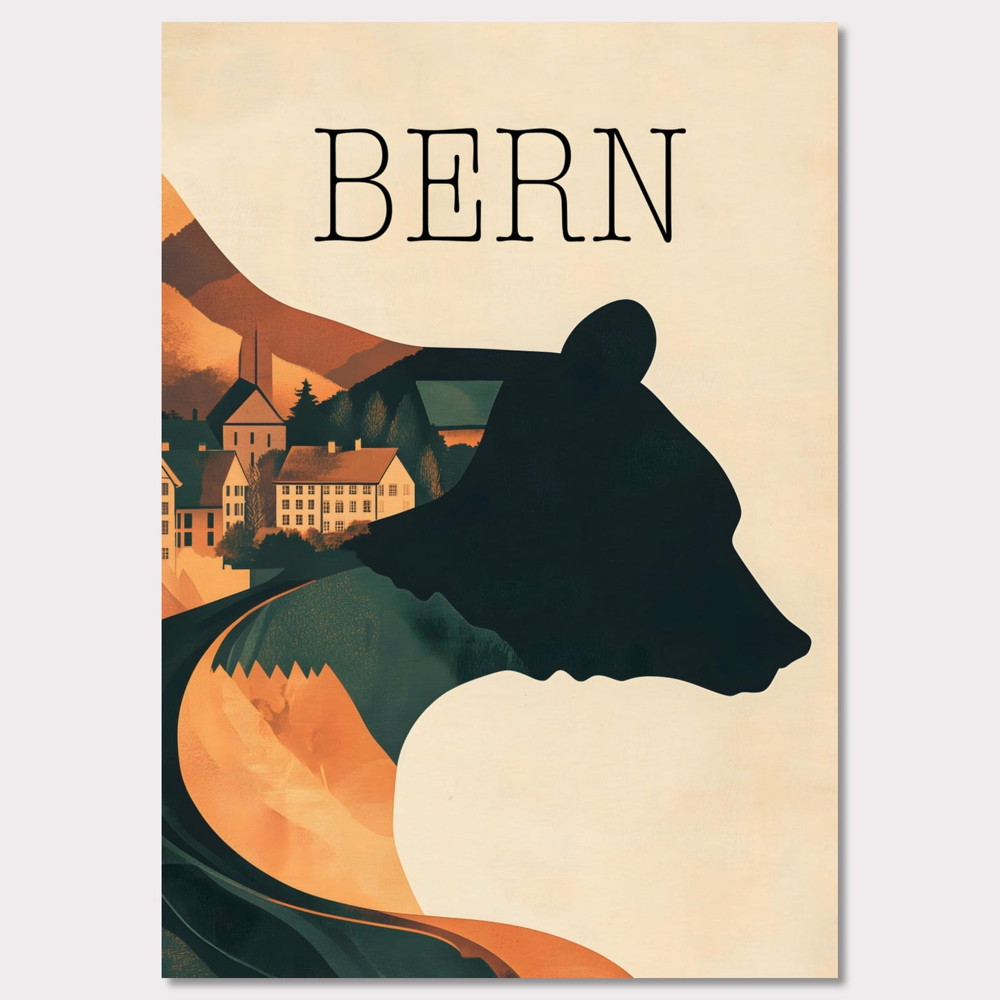 This minimalist travel poster captures the essence of Bern, Switzerland, with a flowing river winding through the city's historic heart. The design highlights the city's iconic medieval architecture, framed by the serene natural surroundings. The soft, muted tones evoke a sense of nostalgia and tranquility, making it a perfect representation of Bern’s timeless beauty.