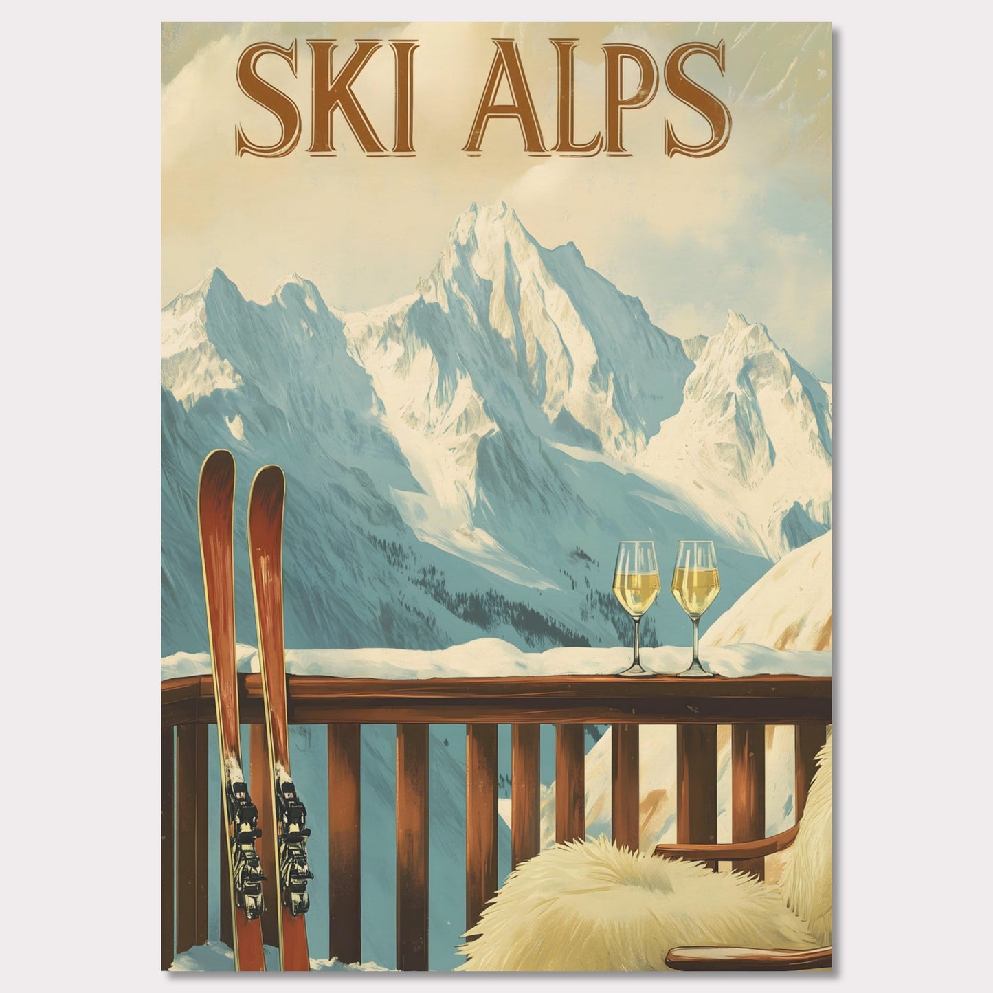 This soothing poster transports you to a tranquil alpine terrace with a breathtaking view of snow-covered peaks. A wooden chair draped in soft fur and paired with two glasses of sparkling wine sets the tone for a peaceful and intimate winter retreat.