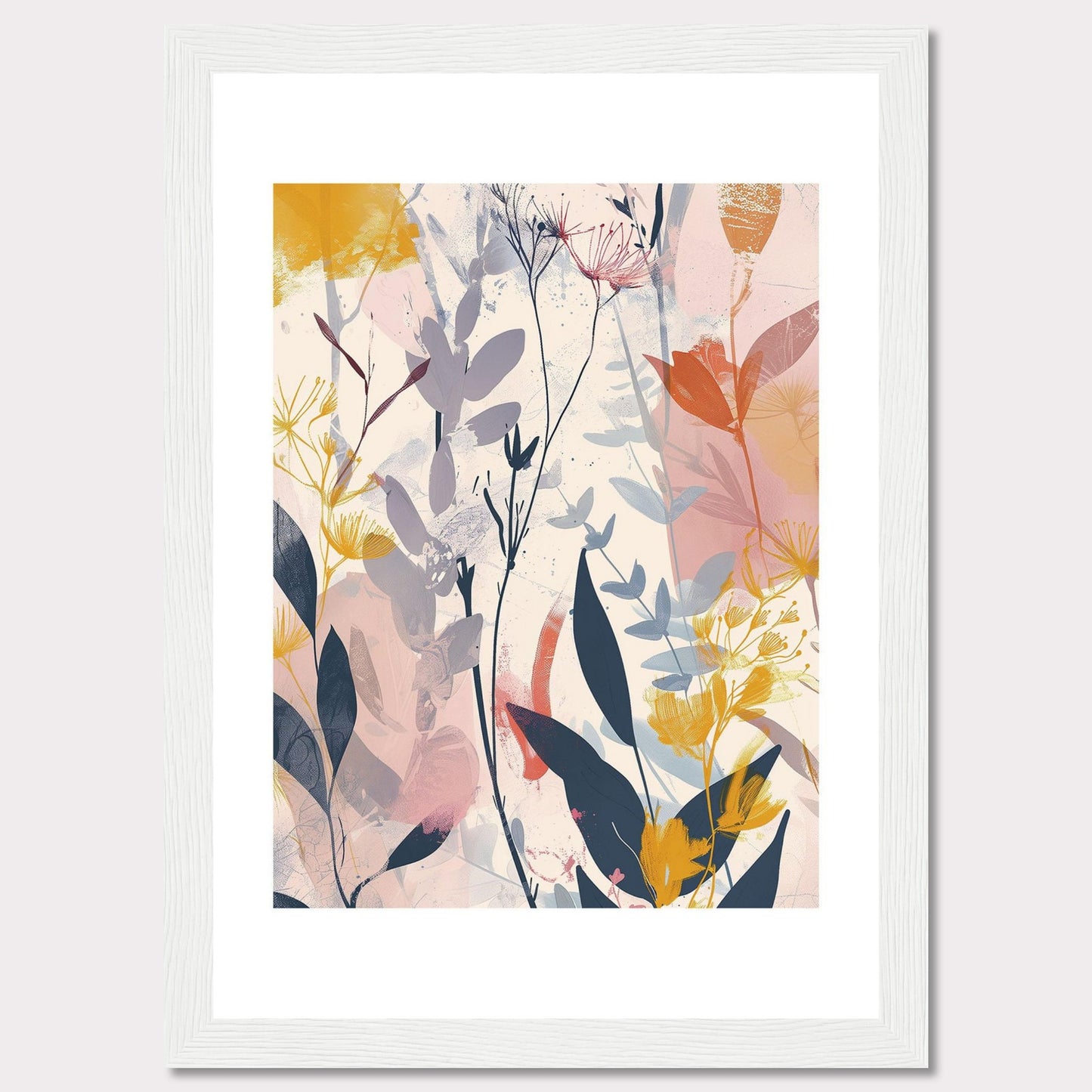 This image showcases a beautiful abstract botanical art print. It features a blend of soft and vibrant colors, depicting various plant forms and leaves.