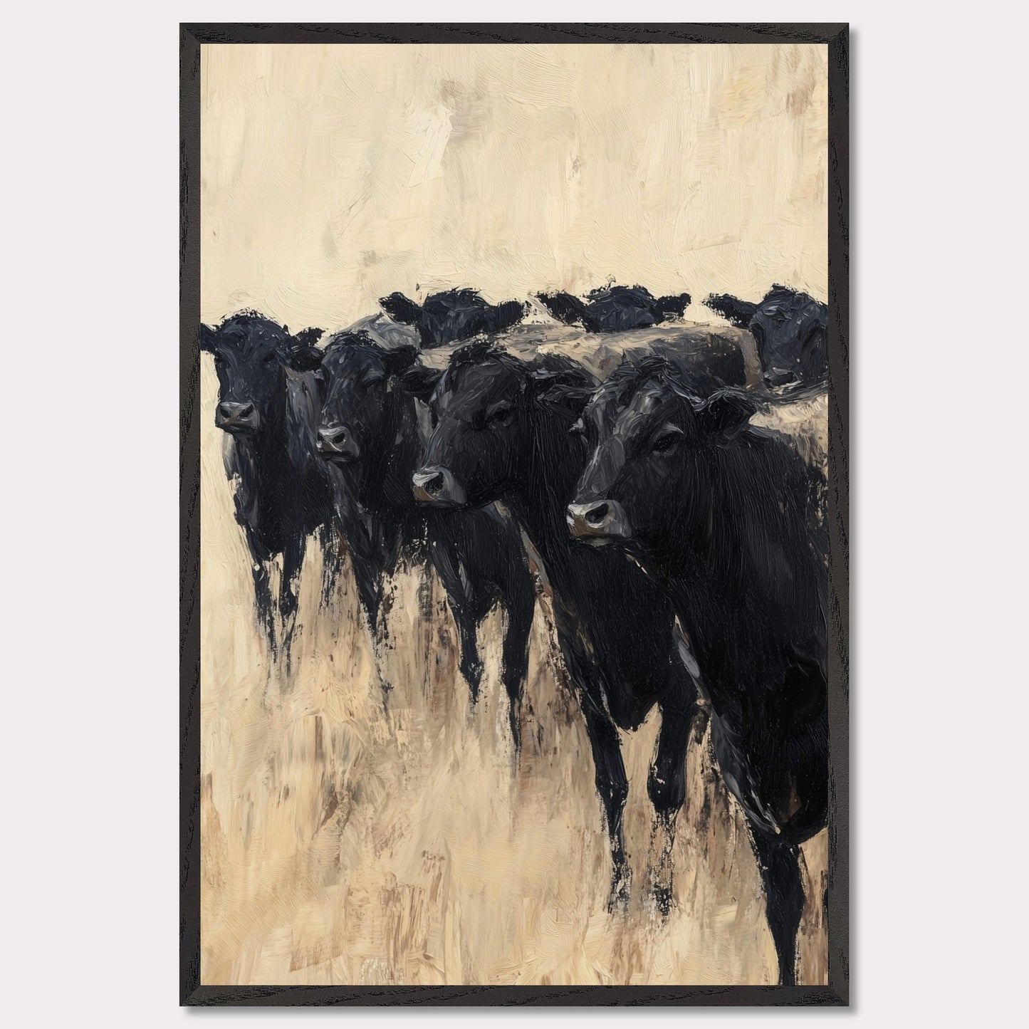 This captivating painting depicts a group of black cows standing together, evoking a sense of unity and strength. The textured brushstrokes and neutral background create a striking contrast, highlighting the animals' dark forms.