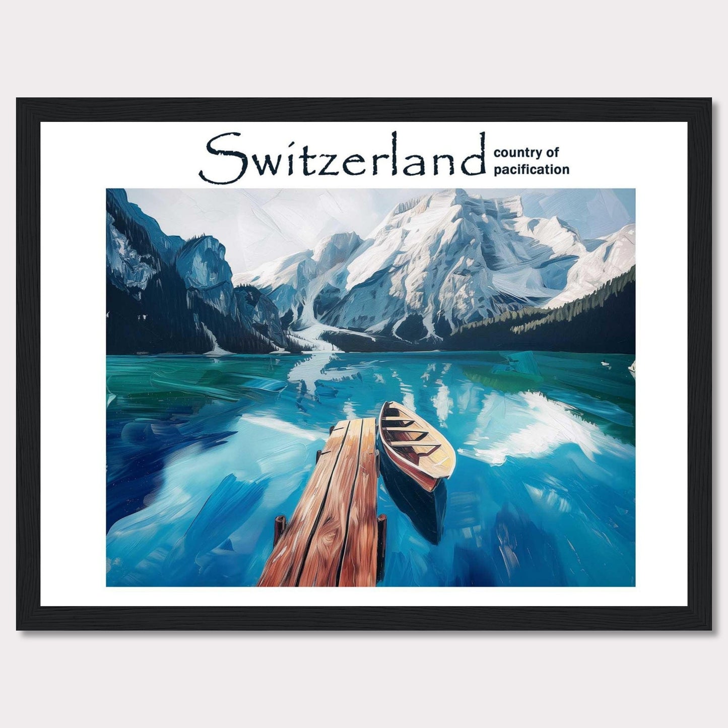 This image showcases a serene lake in Switzerland, surrounded by majestic snow-capped mountains. A wooden dock extends into the calm, reflective waters, where a lone boat is moored. The scene is tranquil and inviting, epitomizing the peacefulness of the Swiss landscape.