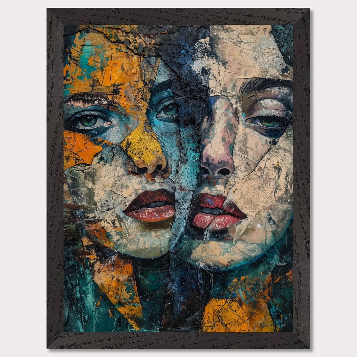 This captivating artwork features two intertwined, abstract faces with a rich blend of colors and textures. The painting exudes a sense of mystery and depth, drawing the viewer into its intricate details.