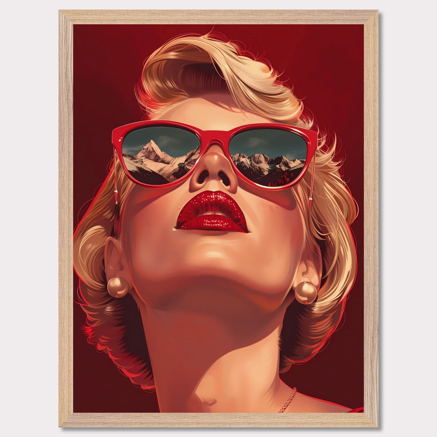 This striking artwork features a glamorous woman with blonde hair, wearing bold red sunglasses that reflect a stunning mountain landscape. Her vibrant red lips and pearl earrings add to the sophisticated and stylish aura of the piece.