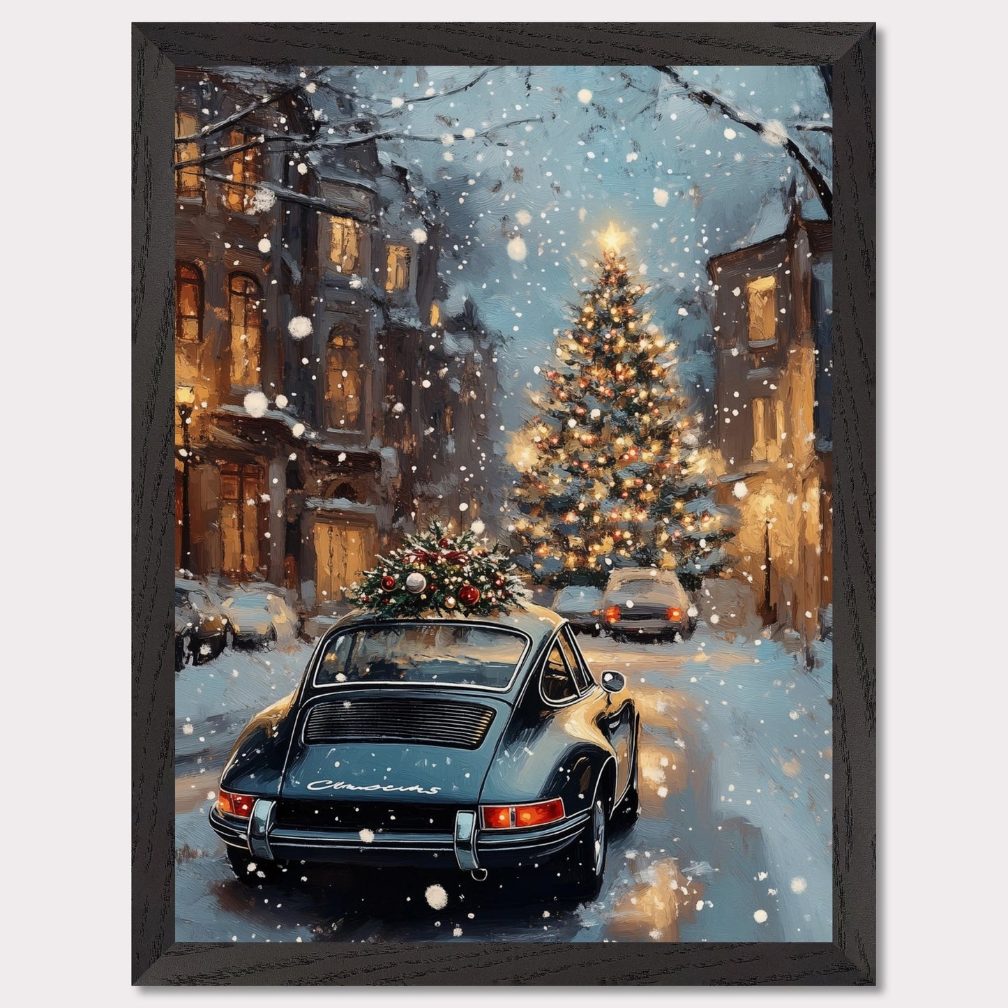 This enchanting poster portrays a snowy Swiss street with a beautifully adorned vintage car carrying a Christmas tree. The softly glowing lights and festive decorations create an atmosphere of joyous holiday anticipation. The combination of timeless cars and seasonal spirit brings a unique charm to this holiday scene.