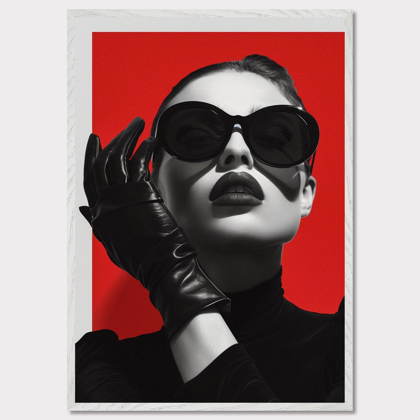 This striking black and white portrait features a stylish woman against a bold red background. Her look is accentuated by oversized sunglasses, dark lipstick, and sleek leather gloves, exuding an air of mystery and sophistication.