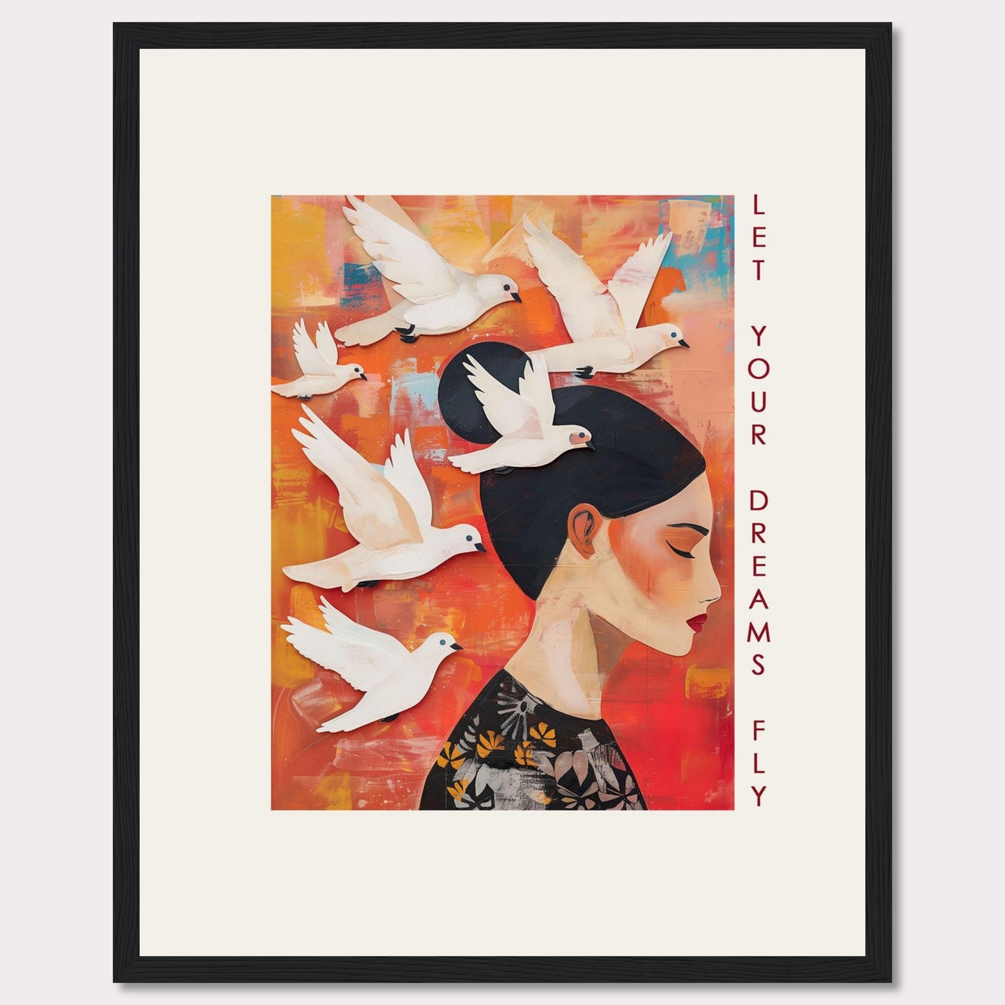 This vibrant artwork features a serene woman with her eyes closed, surrounded by white doves flying against a colorful background. The words "Let Your Dreams Fly" are written vertically along the right side, inspiring viewers to pursue their aspirations.