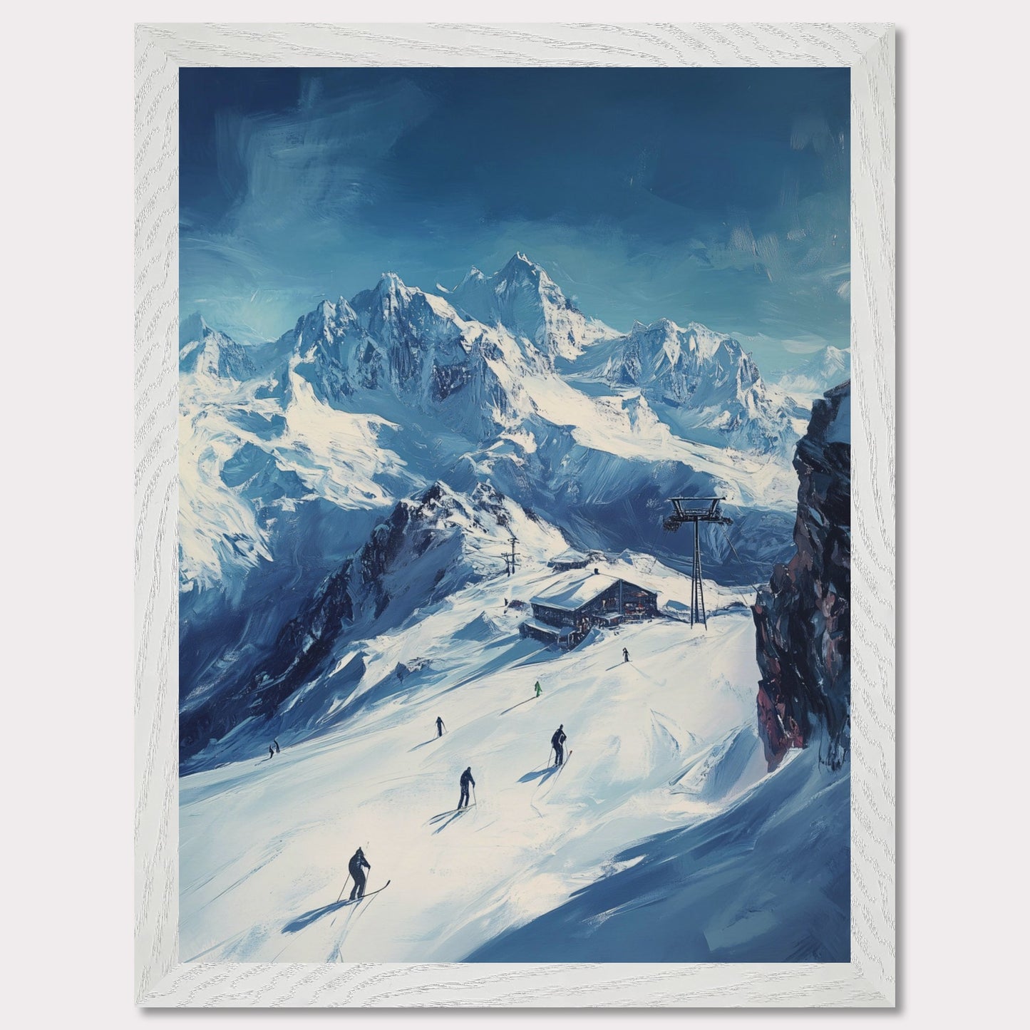 This vibrant, retro-style poster captures the excitement of skiing through the Swiss Alps, with skiers navigating fresh powder beneath towering, snow-covered peaks. The vast landscape and the thrill of the descent evoke a sense of freedom and adventure. The vintage typography and warm colors enhance the adventurous spirit, making it a perfect invitation to explore the slopes of the Swiss Alps and experience the rush of alpine skiing.