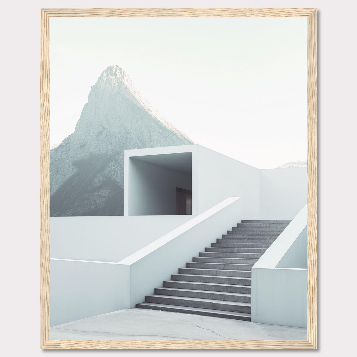 This minimalist artwork features a serene mountain backdrop with a modern architectural staircase leading to a simple, open structure. The clean lines and soft color palette evoke a sense of tranquility and sophistication.