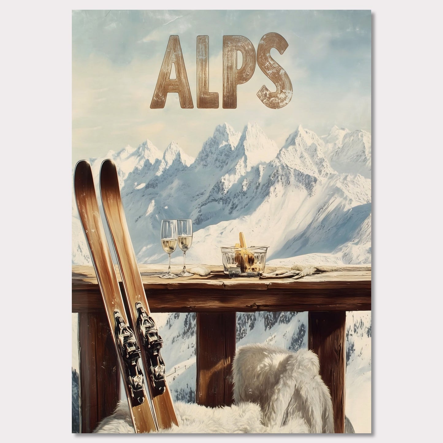 This vibrant poster captures the charm of après-ski culture with a rustic wooden terrace overlooking snow-covered mountains. The warm textures of fur throws and the elegant wine glasses create an inviting post-ski ambiance.