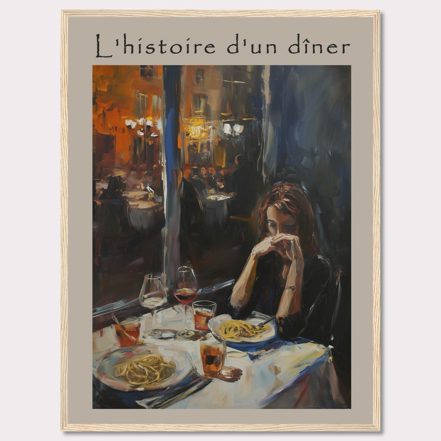 This painting, titled "L'histoire d'un dîner," depicts a solitary woman deep in thought at a dinner table. The scene is set in a warmly lit restaurant, with other diners visible in the background. The table is elegantly set with plates of pasta and glasses of wine, creating an intimate and reflective atmosphere.