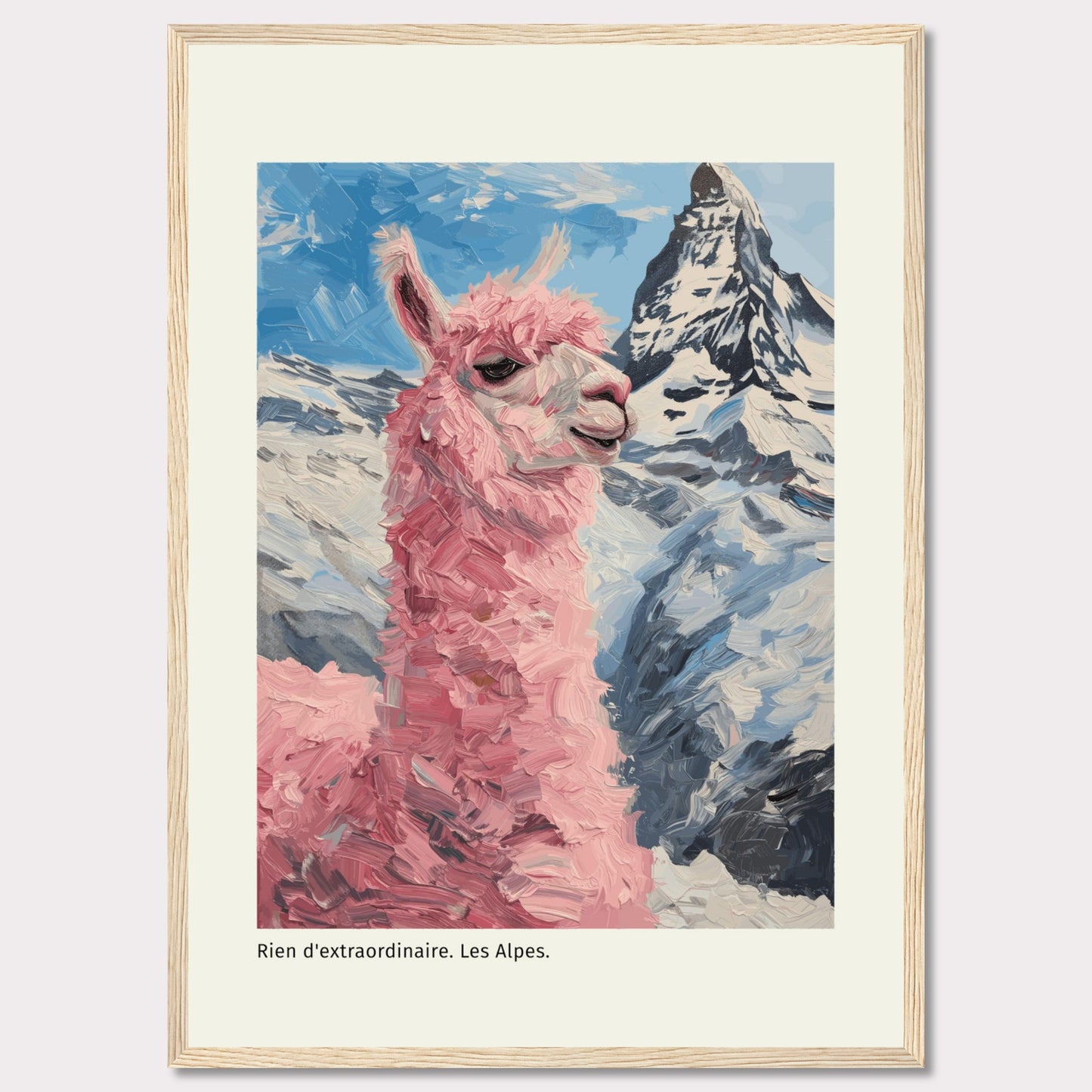 This whimsical painting features a pink llama standing proudly against the backdrop of the majestic Alps. The vibrant colors and playful brushstrokes bring a sense of fun and adventure to the scene.