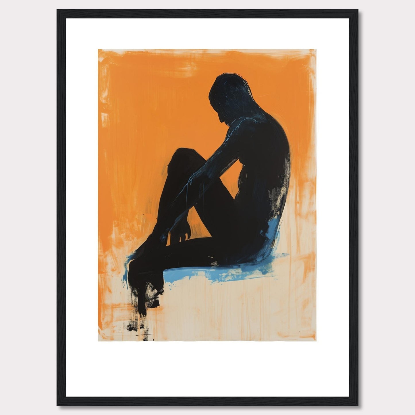 This striking artwork features a silhouette of a seated figure against a vibrant orange background, creating a powerful contrast. The figure is painted in dark tones with hints of blue, adding depth and emotion to the piece.