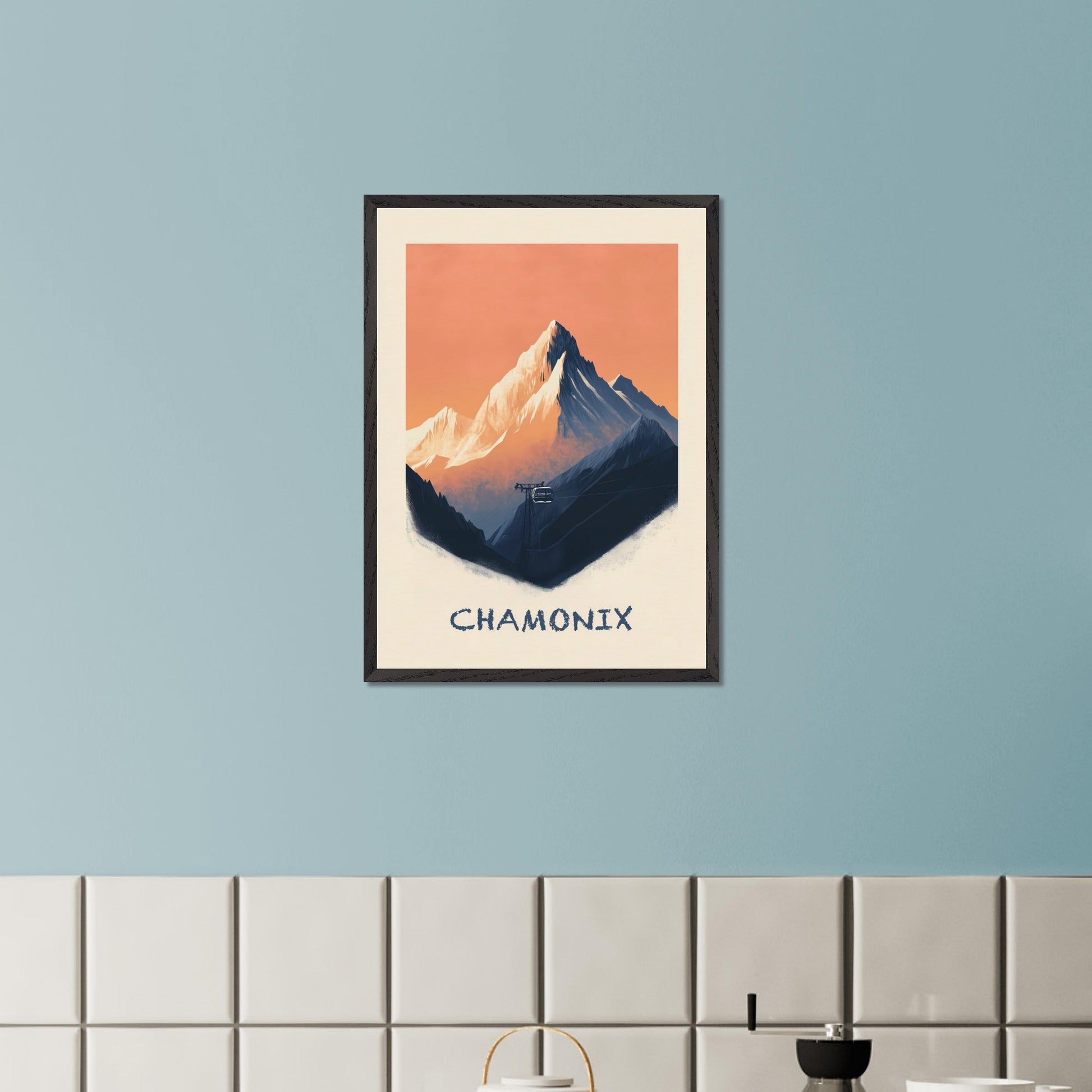 This breathtaking poster captures the rugged majesty of Chamonix, with the towering snow-capped peaks set against a warm, pastel sky. A cable car ascends through the mist, symbolizing adventure, exploration, and the timeless allure of the Alps.