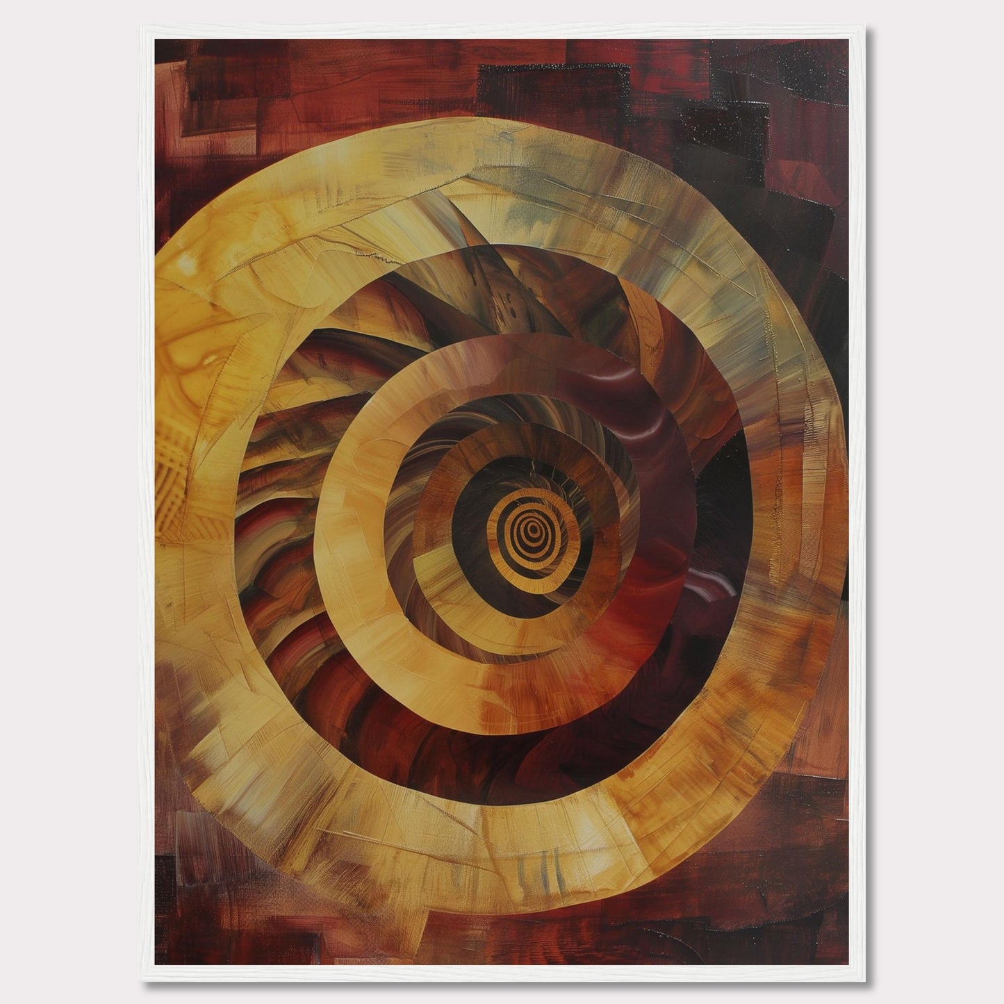 This captivating abstract painting features a mesmerizing spiral design, drawing the viewer into its depths. The artwork is dominated by warm tones of red, orange, and yellow, creating a sense of movement and energy.