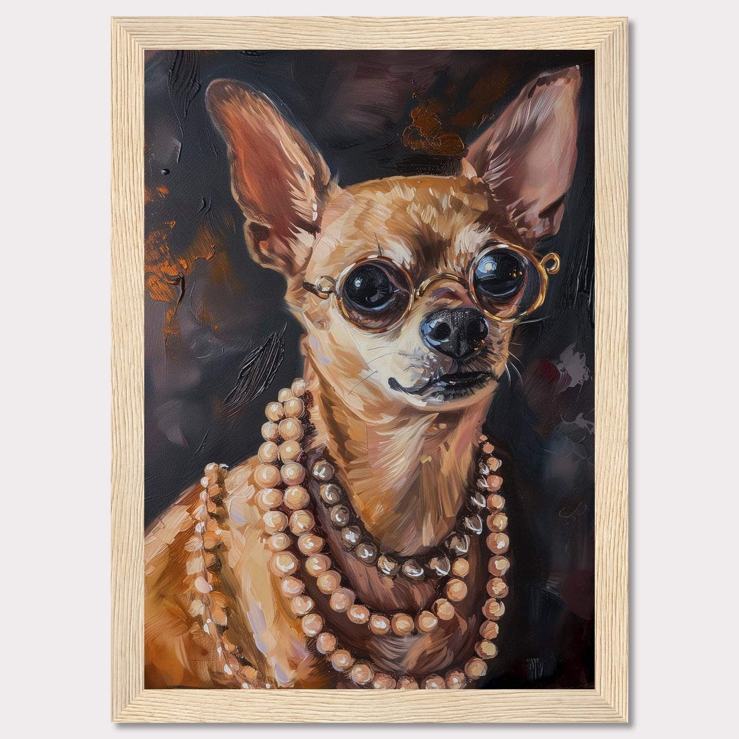 This captivating artwork features a stylish Chihuahua wearing round glasses and multiple strands of pearls. The painting exudes elegance and charm, making it a perfect statement piece for any room.