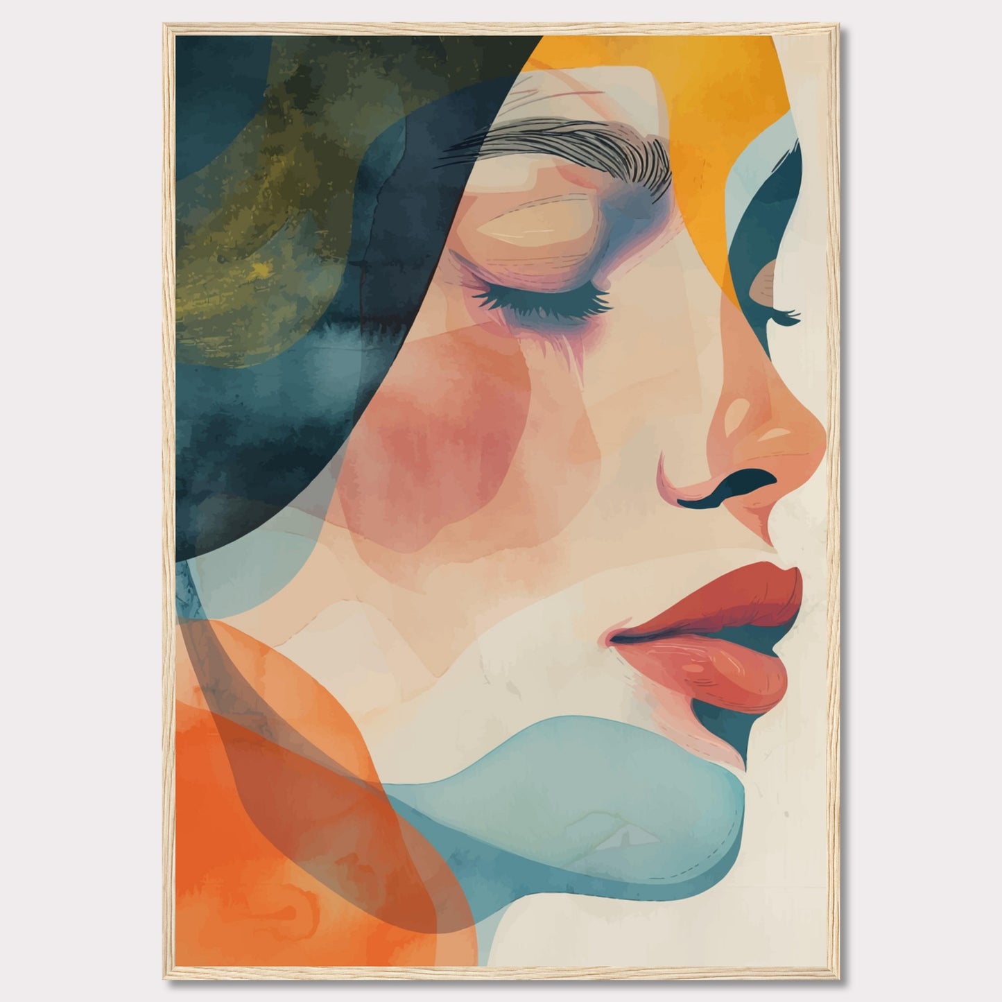 This captivating artwork features a serene profile of a woman's face, rendered in a vibrant mix of abstract colors. The composition highlights her closed eyes and calm expression, evoking a sense of tranquility and introspection.