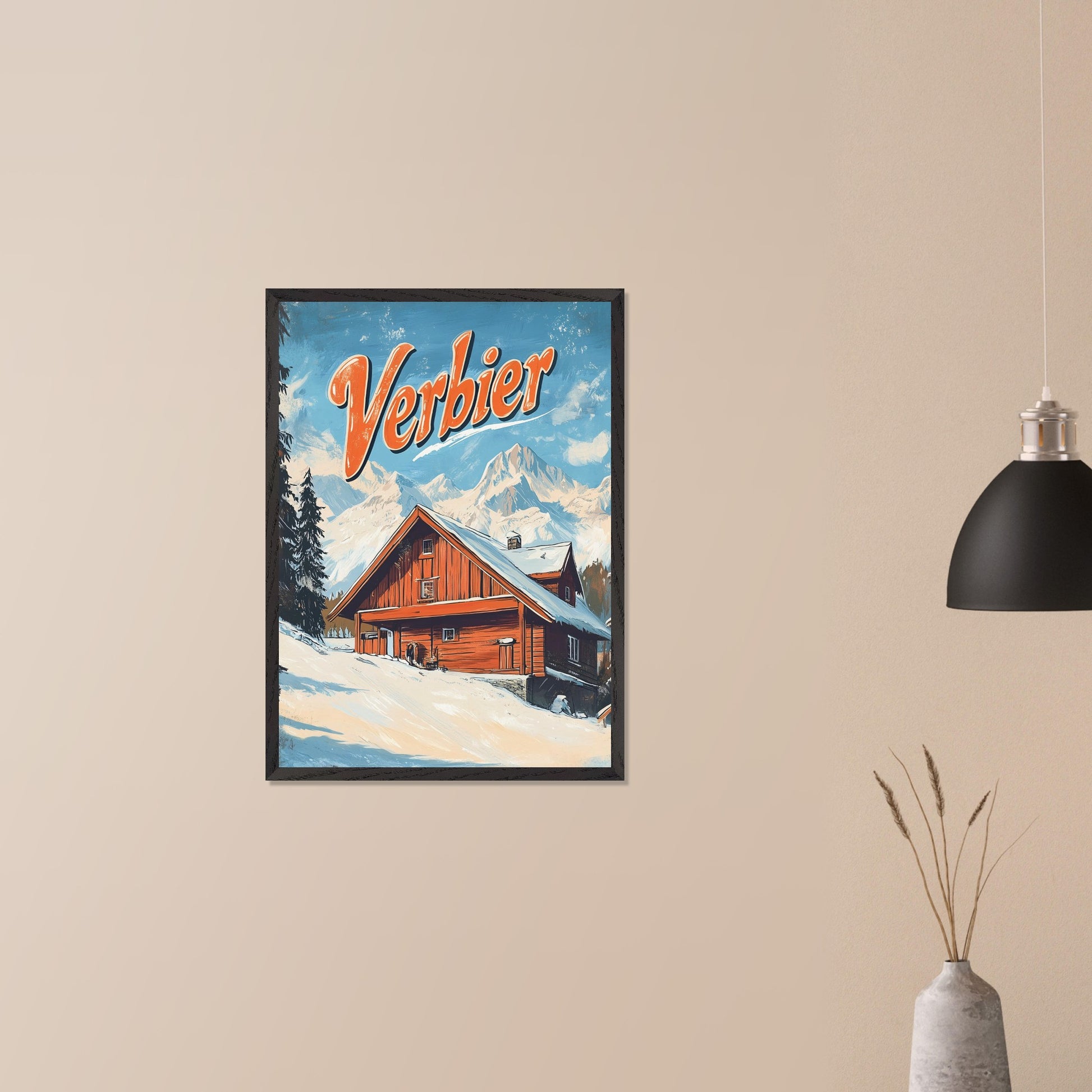 This vintage-inspired poster features a charming wooden chalet nestled against the stunning mountains of Verbier. The warm tones of the cabin contrast beautifully with the snowy landscape and towering peaks, creating a welcoming, serene winter scene. The retro design with bold typography invites viewers to imagine a peaceful retreat in the heart of the Swiss Alps, where adventure and comfort come together.