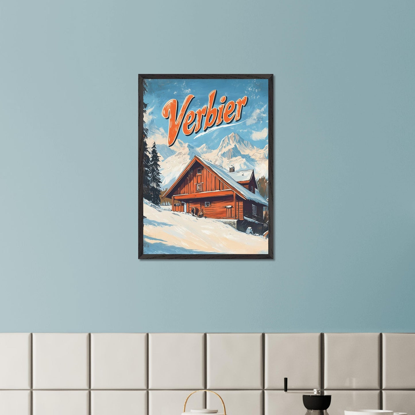 This vintage-inspired poster features a charming wooden chalet nestled against the stunning mountains of Verbier. The warm tones of the cabin contrast beautifully with the snowy landscape and towering peaks, creating a welcoming, serene winter scene. The retro design with bold typography invites viewers to imagine a peaceful retreat in the heart of the Swiss Alps, where adventure and comfort come together.