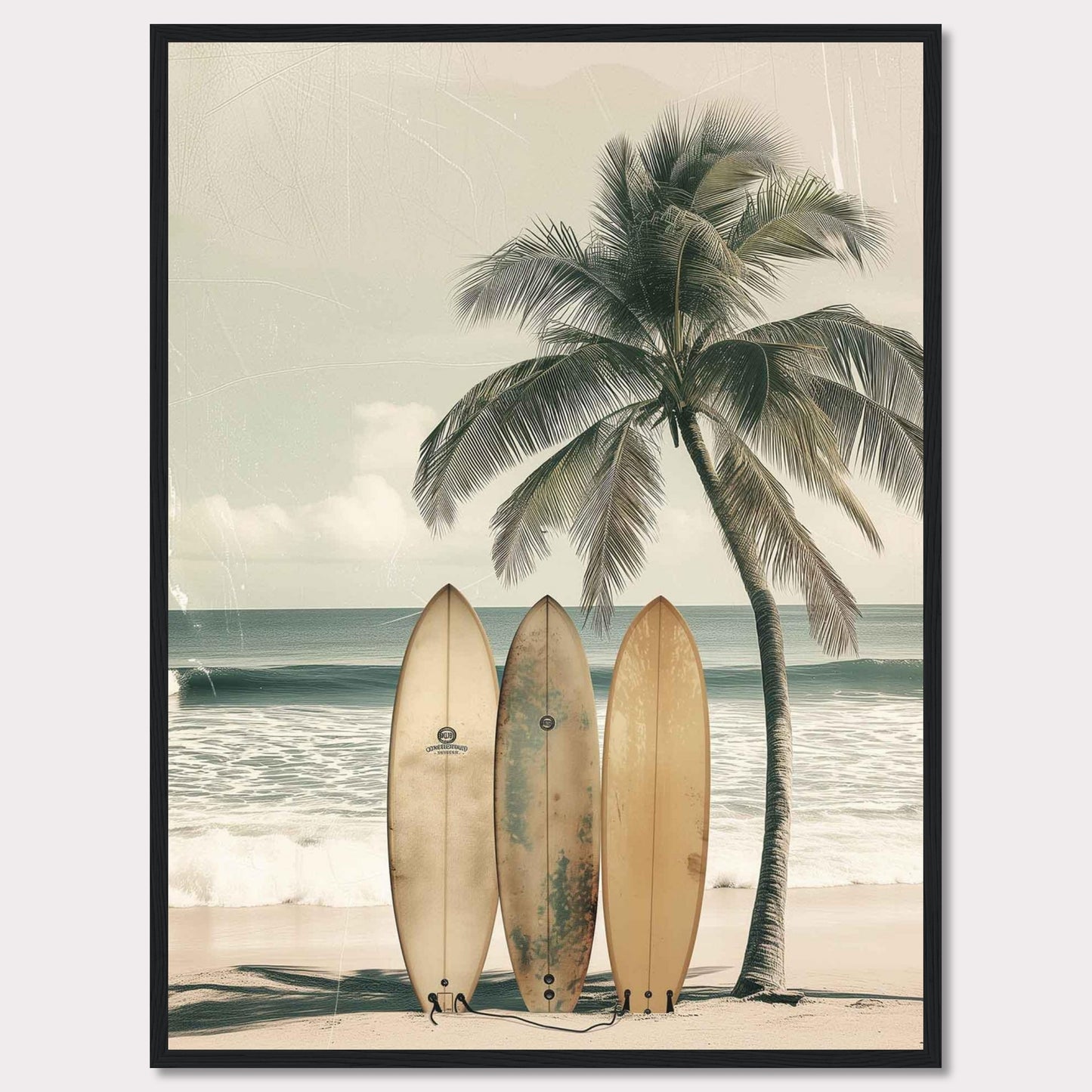 This captivating image features a serene beach scene with three surfboards leaning against a tall, swaying palm tree. The tranquil ocean waves and a clear sky in the background evoke a sense of calm and adventure.