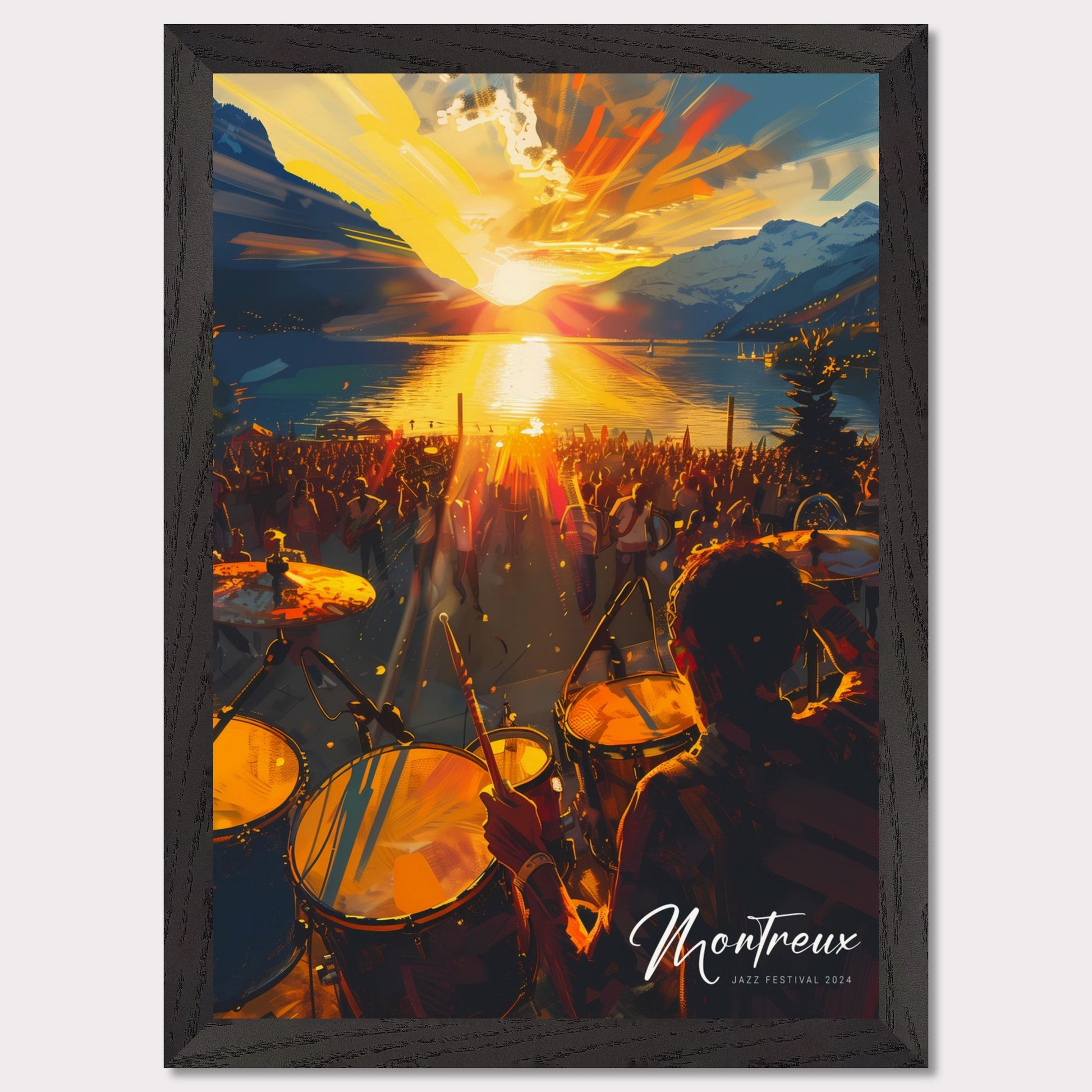 This vibrant image captures the essence of the Montreux Jazz Festival 2024. The scene is set at sunset, with a stunning view of the sun dipping below the horizon over a serene lake, surrounded by majestic mountains. A large crowd is gathered, immersed in the music, while a drummer plays energetically in the foreground.