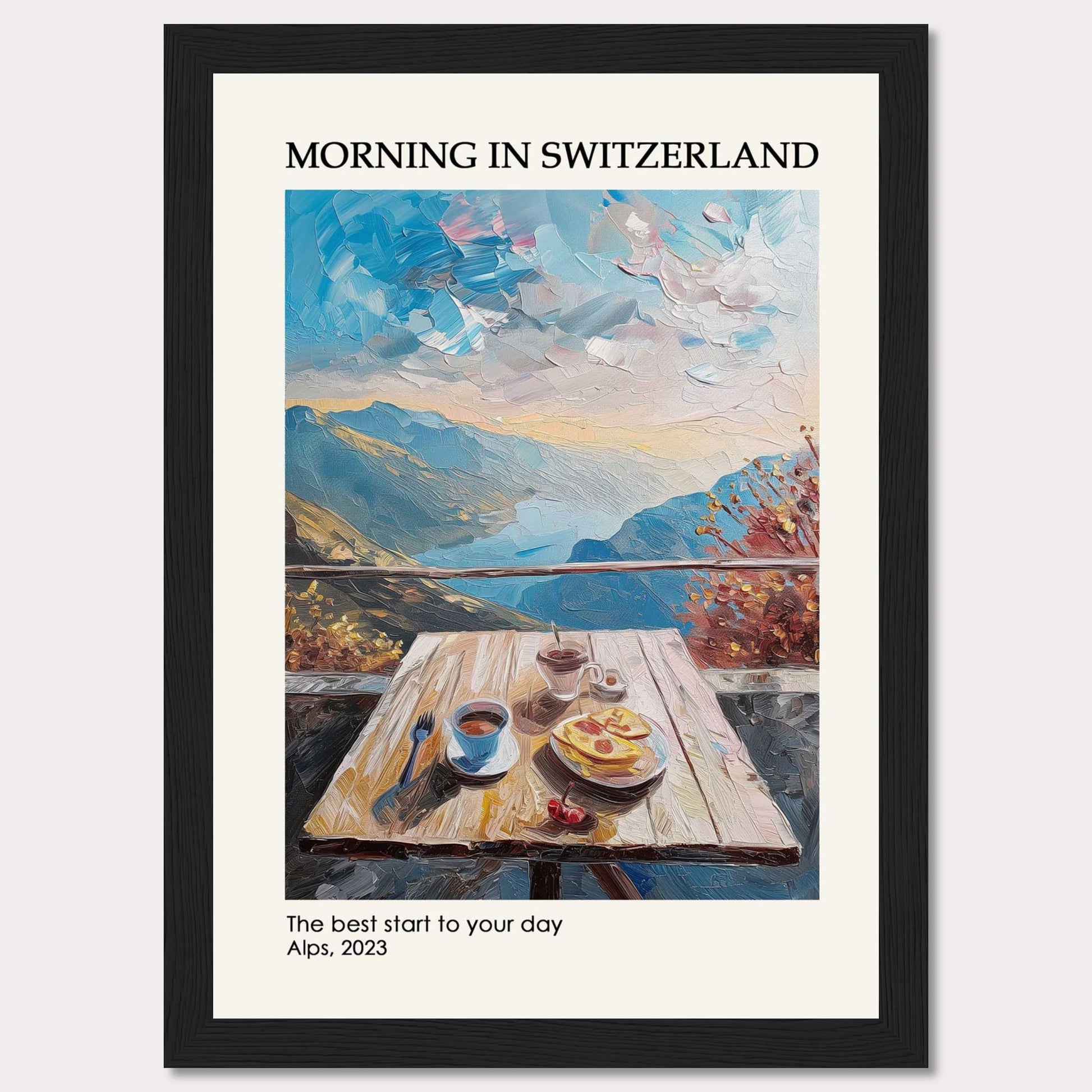 A serene morning in the Swiss Alps is depicted in this beautiful painting. The image showcases a wooden table set with a delightful breakfast, including coffee and pastries, against the backdrop of majestic mountains and a vibrant sky.