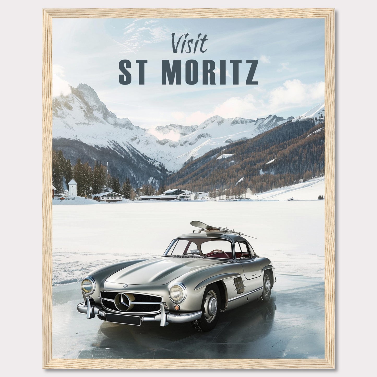 Discover the breathtaking beauty of St. Moritz with this stunning poster. Featuring a classic silver car parked on a frozen lake, surrounded by majestic snow-capped mountains and cozy alpine chalets.