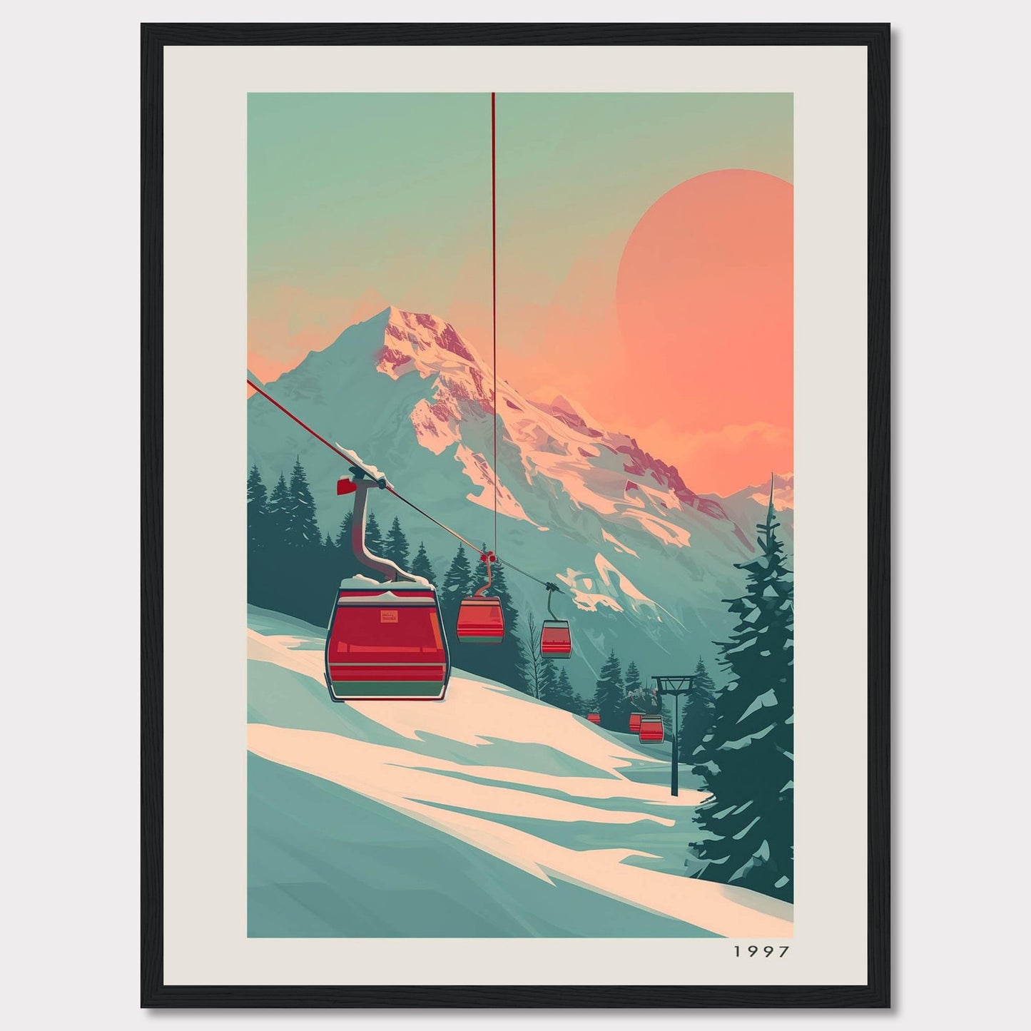 This captivating artwork depicts a serene mountain landscape with ski lifts ascending towards a majestic snow-capped peak under a warm, pastel-colored sky. The scene is framed by evergreen trees, creating a tranquil and inviting atmosphere.