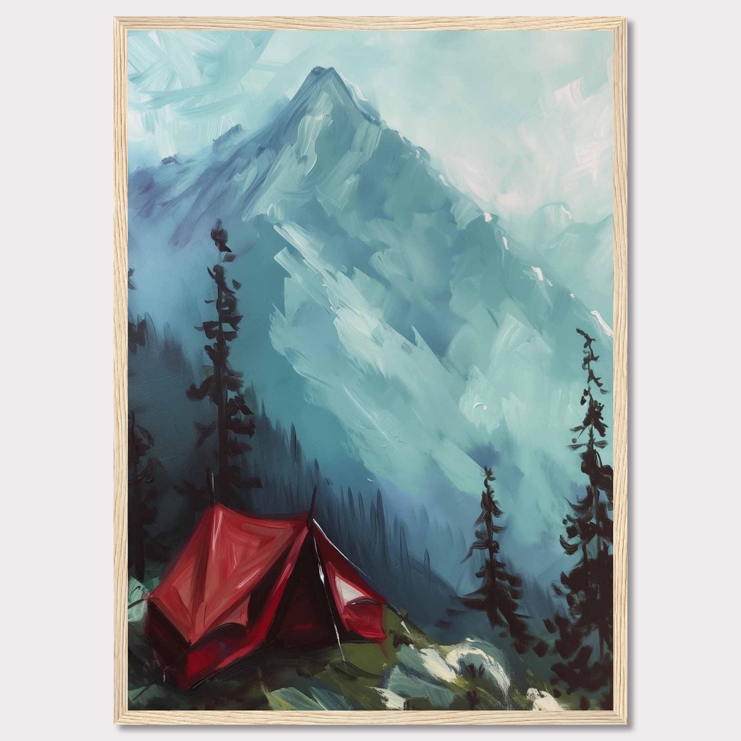 This captivating painting depicts a serene mountain landscape with a vibrant red tent pitched among tall pine trees. The majestic mountain in the background is shrouded in mist, adding a sense of mystery and tranquility to the scene. The contrast between the bold red tent and the cool blue tones of the mountain creates a striking visual effect.