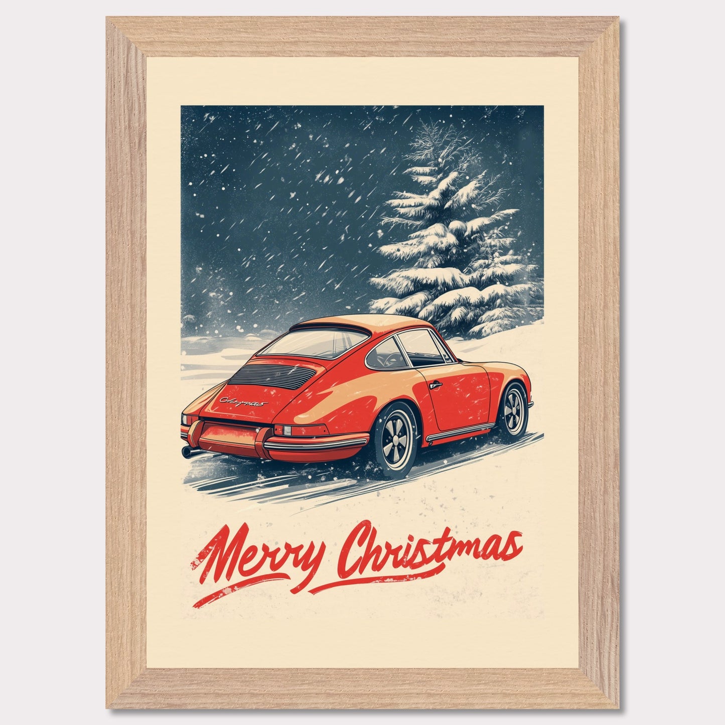 This nostalgic holiday poster features a striking red Porsche driving through a snow-covered landscape, with festive snowflakes gently falling around the scene. A snowy tree and soft winter hues create a cozy and festive atmosphere. The bold "Merry Christmas" typography adds an extra touch of holiday cheer, making it a perfect way to celebrate the season with a classic car enthusiast's touch.