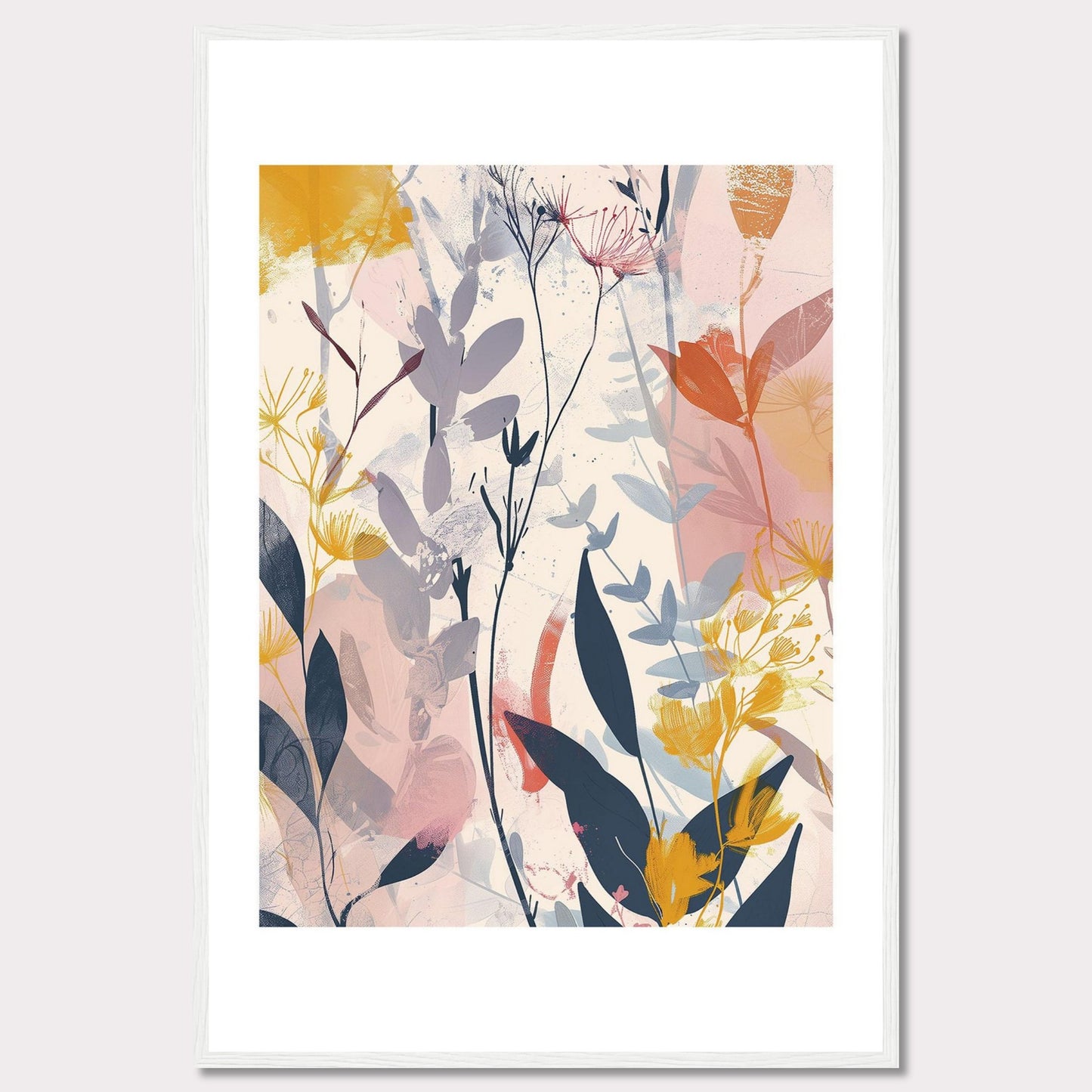 This image showcases a beautiful abstract botanical art print. It features a blend of soft and vibrant colors, depicting various plant forms and leaves.