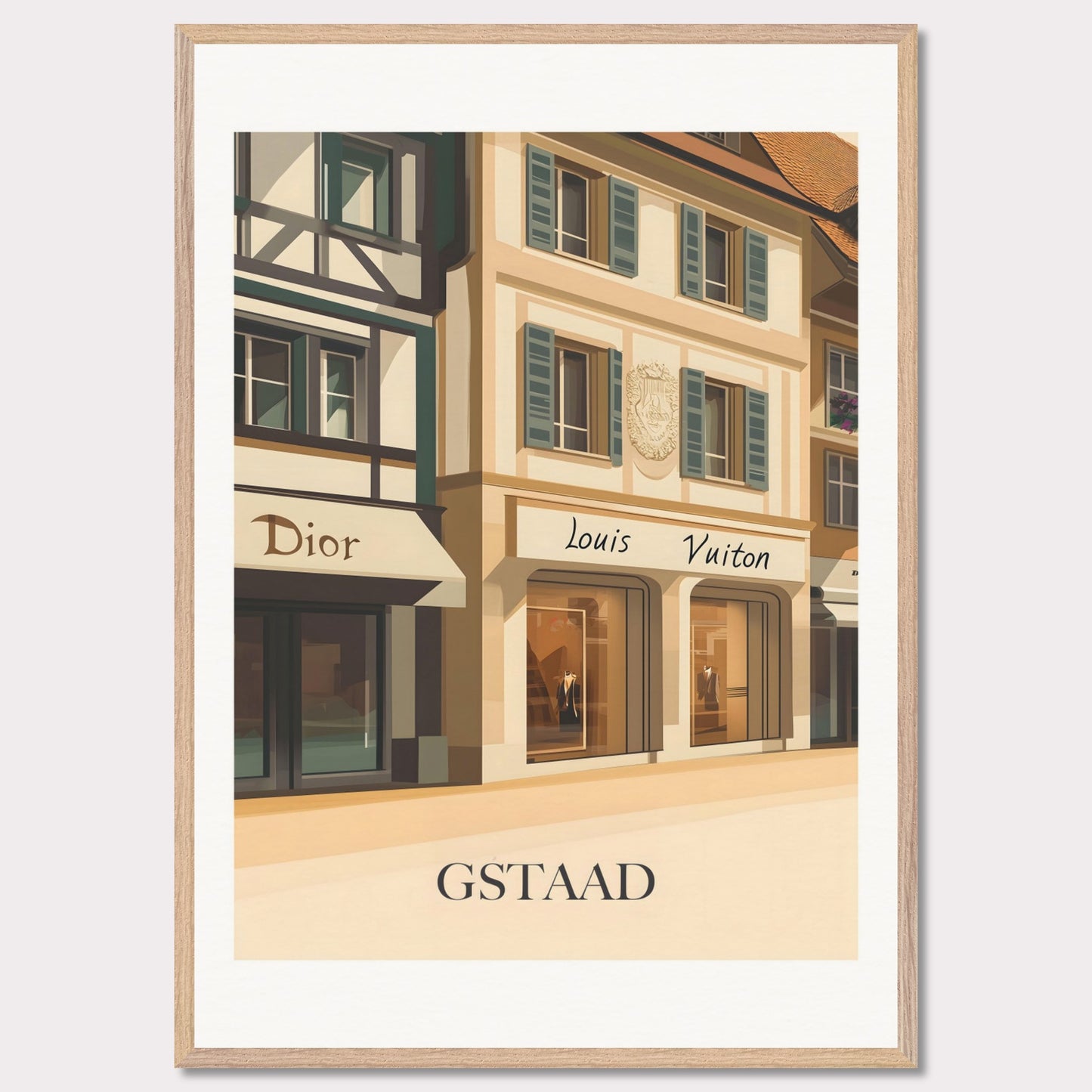 A beautifully illustrated poster showcasing Gstaad’s world-class shopping scene. The charming facades of Dior and Louis Vuitton boutiques reflect the town’s upscale ambiance.