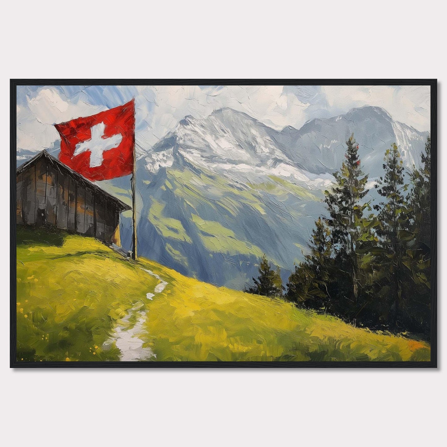 This stunning painting captures the serene beauty of a Swiss alpine landscape. A quaint wooden cabin is perched on a lush green hillside, with a vibrant Swiss flag fluttering proudly beside it. Majestic snow-capped mountains rise in the background, contrasting beautifully with the verdant foreground. Tall evergreen trees add depth and texture to the scene.