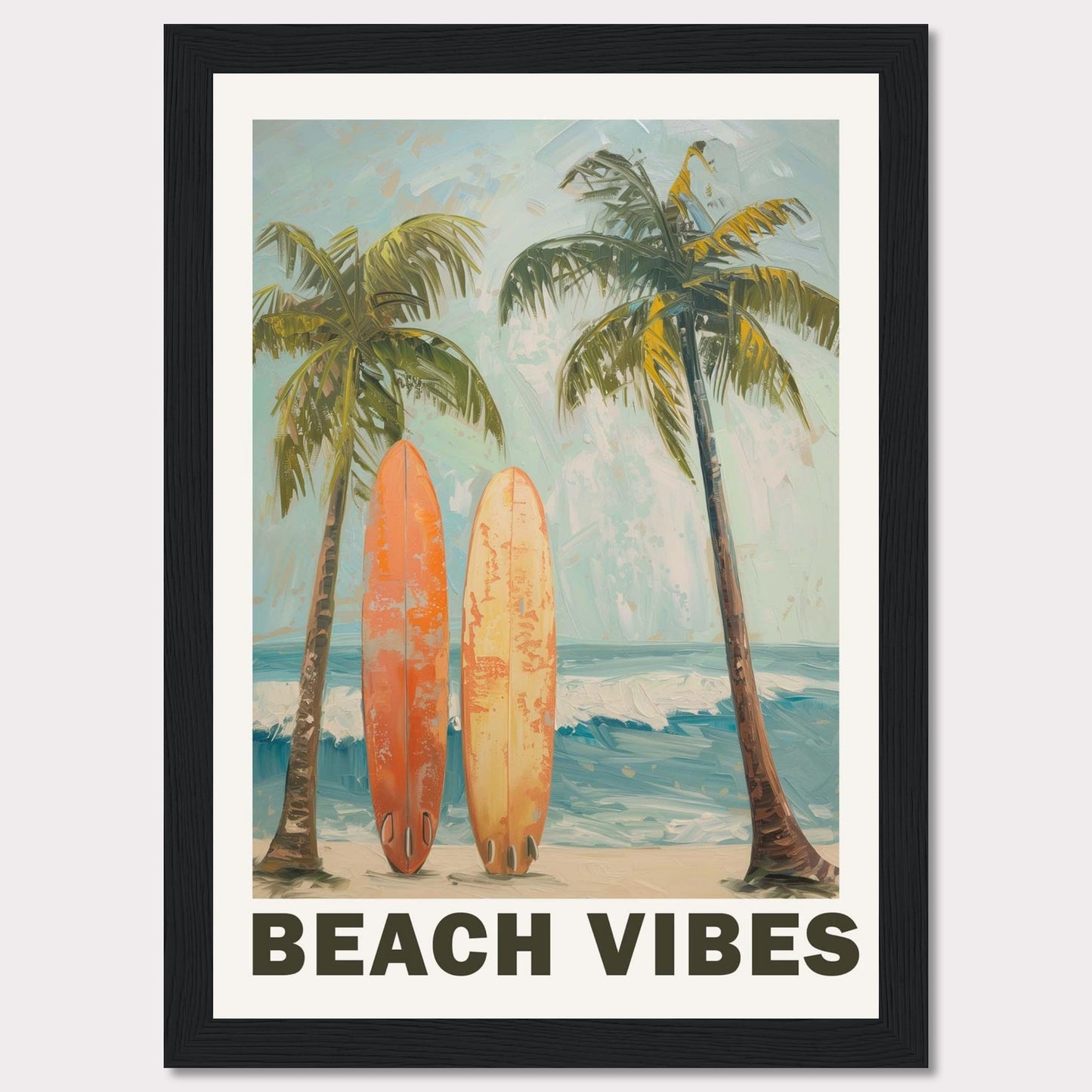 This vibrant artwork captures the essence of a perfect beach day. Two surfboards rest against tall palm trees, with waves crashing in the background and a clear sky above.