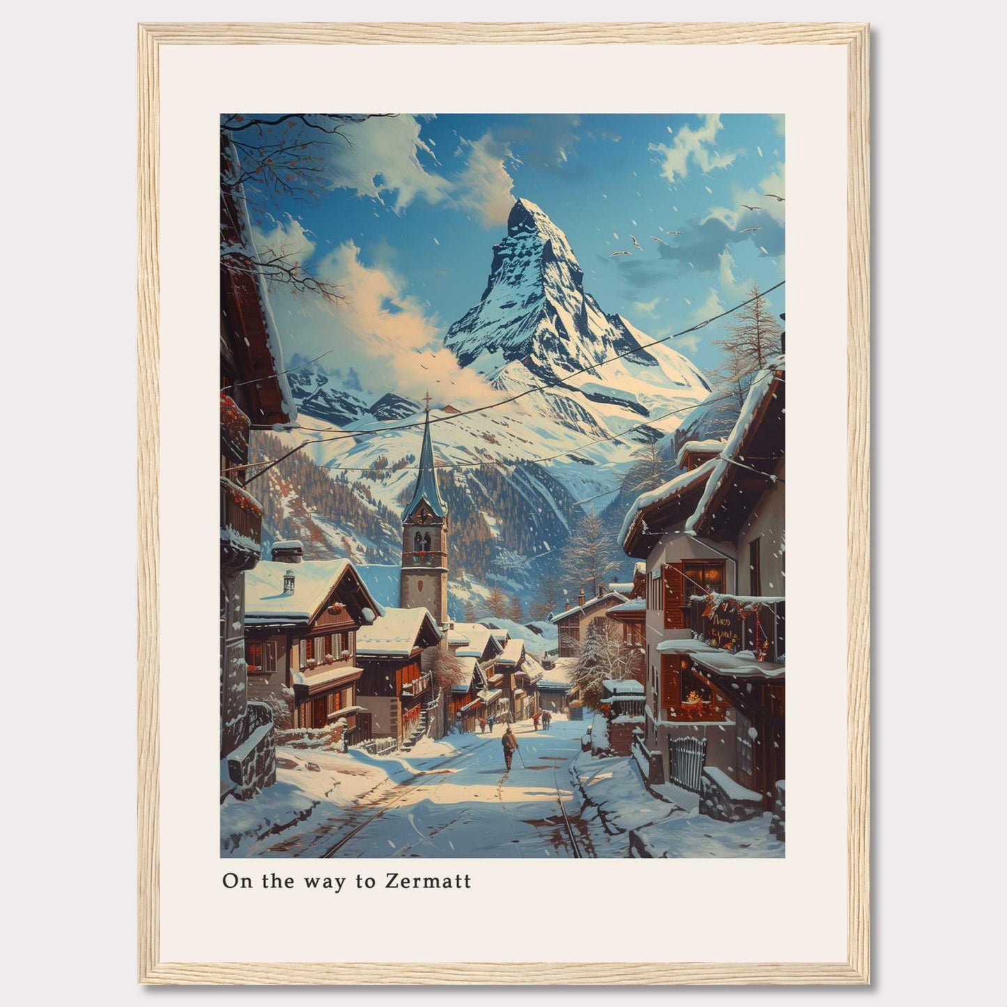 This beautiful artwork captures a serene winter scene on the way to Zermatt, featuring snow-covered rooftops and a majestic mountain in the background.