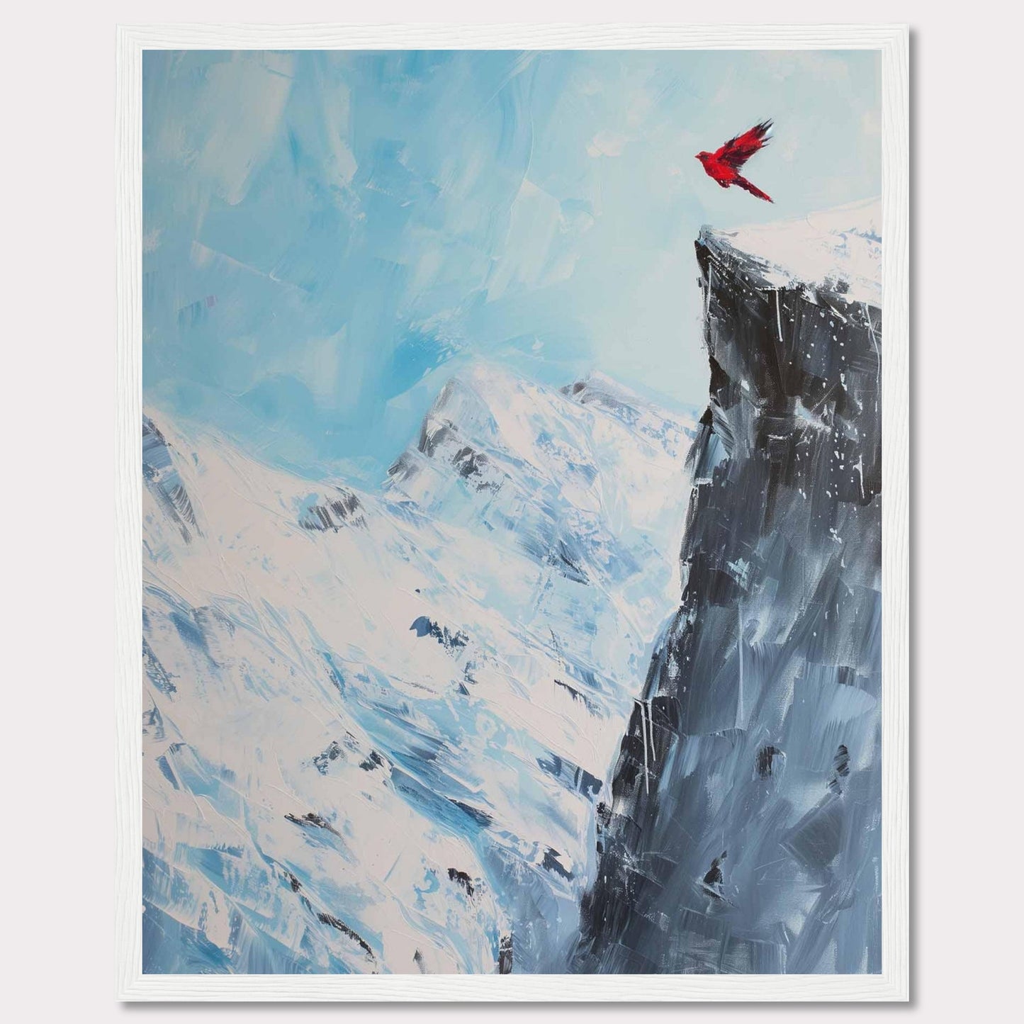 This stunning artwork captures a vibrant red bird soaring above a majestic snow-covered mountain peak, set against a serene blue sky. The contrast between the vivid bird and the icy landscape creates a striking visual impact.