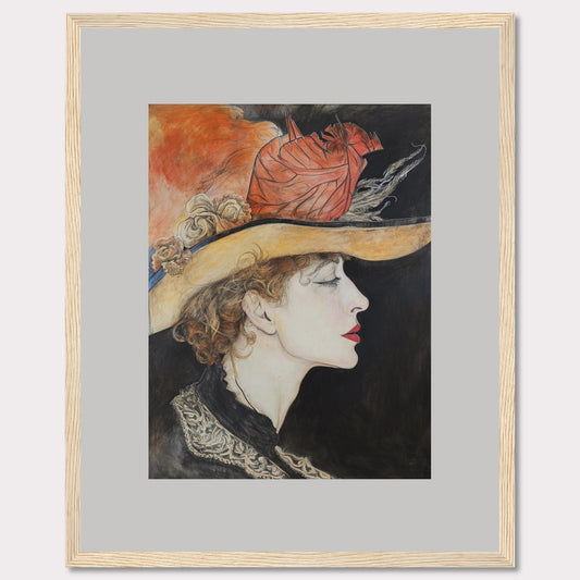 This captivating artwork features a side profile of a woman wearing an elegant hat adorned with feathers and flowers. The detailed illustration showcases her serene expression, accentuated by bold red lips and delicate curls framing her face. The background contrasts beautifully with the vibrant colors of the hat, adding depth to the portrait.