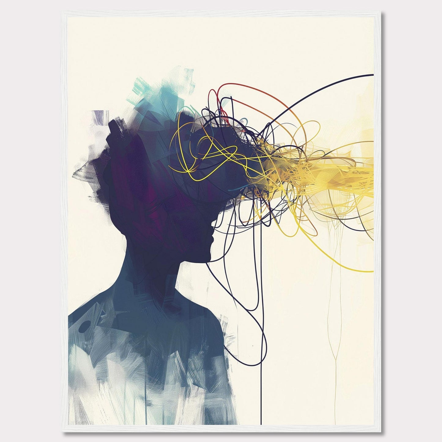 This captivating artwork features the silhouette of a person with an explosion of colorful, tangled lines emanating from their head, representing thoughts and creativity. The abstract design is set against a minimalist background, contrasting the vibrant colors with the dark silhouette.