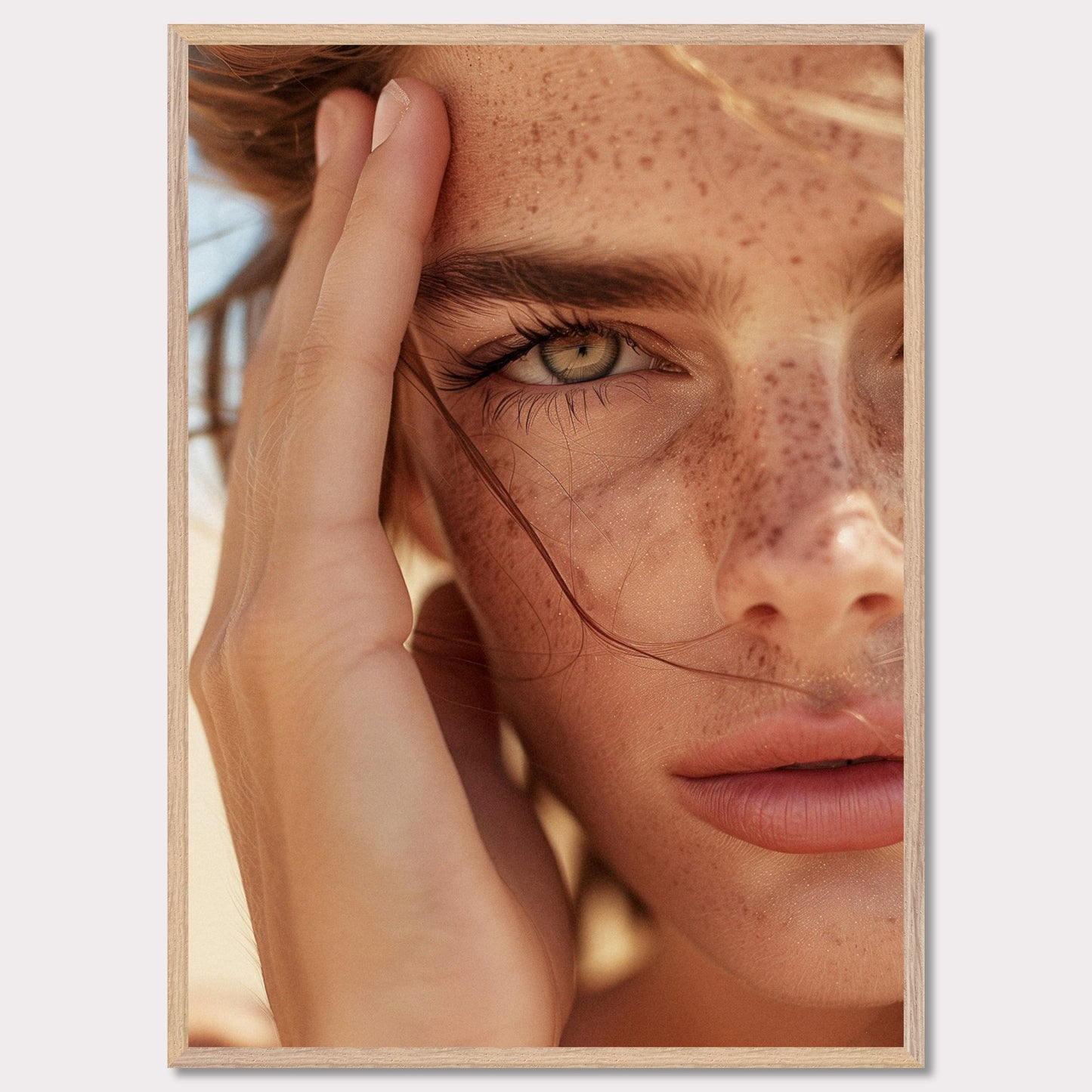 This captivating close-up portrait showcases the natural beauty of a person with freckles and an intense gaze.