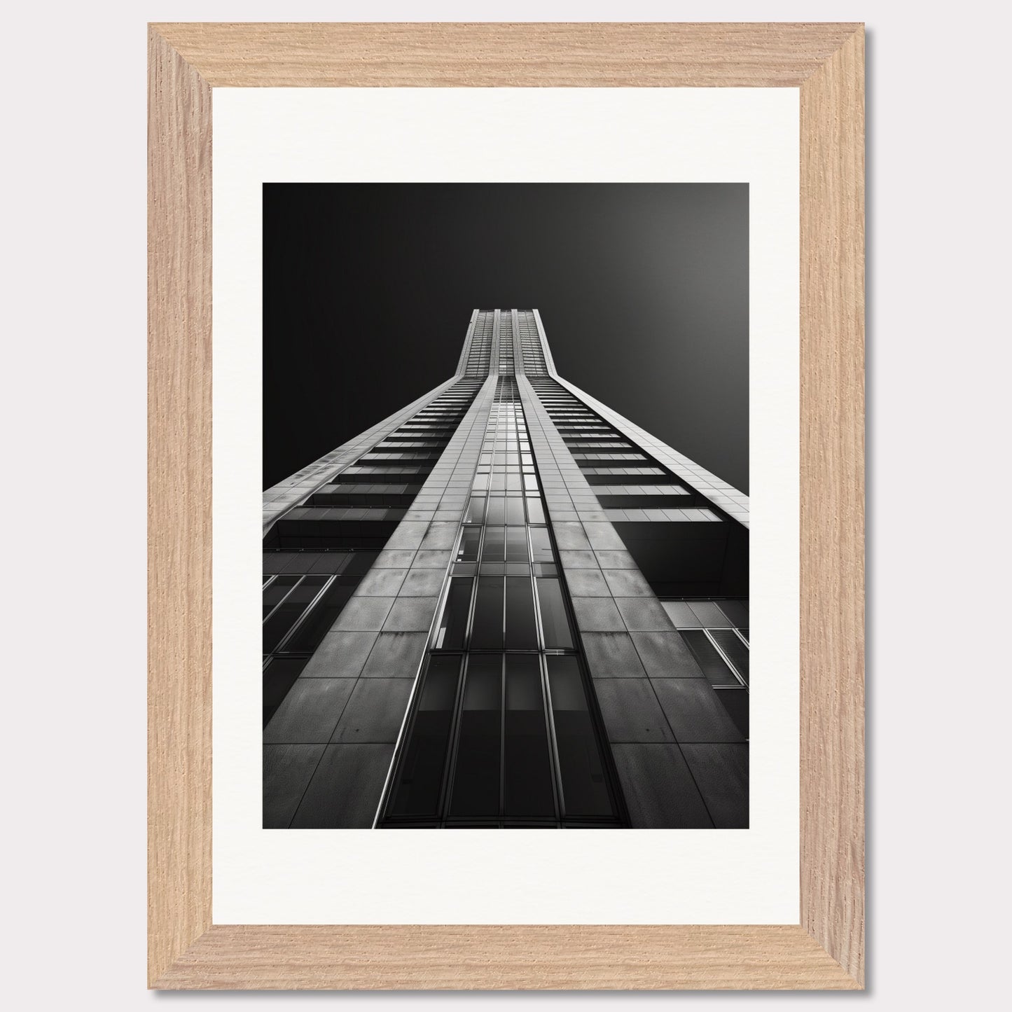 This striking black and white photograph captures the awe-inspiring perspective of looking up at a towering skyscraper. The image emphasizes the sleek lines and modern architecture, drawing the viewer's eye upwards towards the sky.