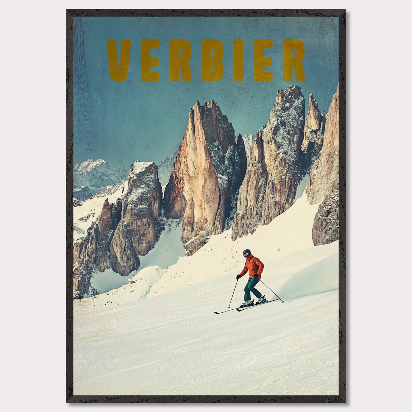 This stunning vintage poster showcases the essence of skiing in Verbier, with a lone skier carving through fresh powder beneath towering, jagged alpine peaks. The vibrant orange jacket of the skier contrasts beautifully with the crisp, snowy landscape and the rugged beauty of the mountains. The bold, retro typography reinforces the feeling of adventure and nostalgia, inviting viewers to experience the thrill of Verbier’s iconic slopes.