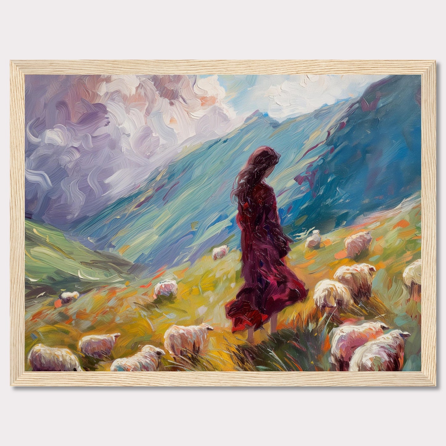 This captivating painting portrays a serene pastoral scene where a woman in a flowing red dress stands amidst a flock of sheep on a vibrant, rolling hillside. The background features dramatic, swirling clouds and lush green mountains, creating a sense of tranquility and connection with nature.