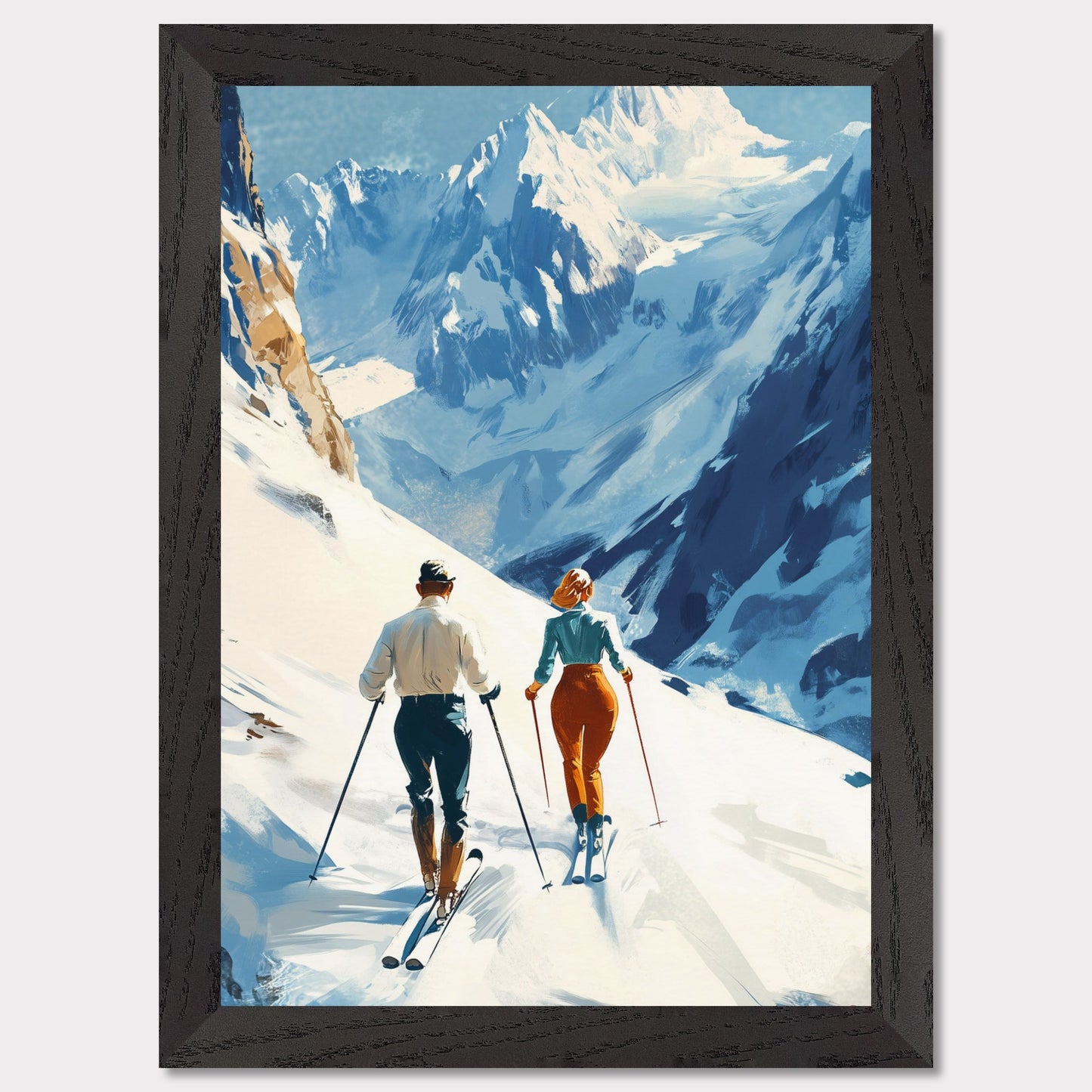 This retro poster captures the elegance and adventure of alpine skiing in Switzerland, circa 1960. Two fashionable skiers glide down the pristine snow with majestic mountains towering in the background. The vibrant colors of their outfits contrast beautifully against the white landscape, while the bold lettering emphasizes the stylish allure of alpine sports.