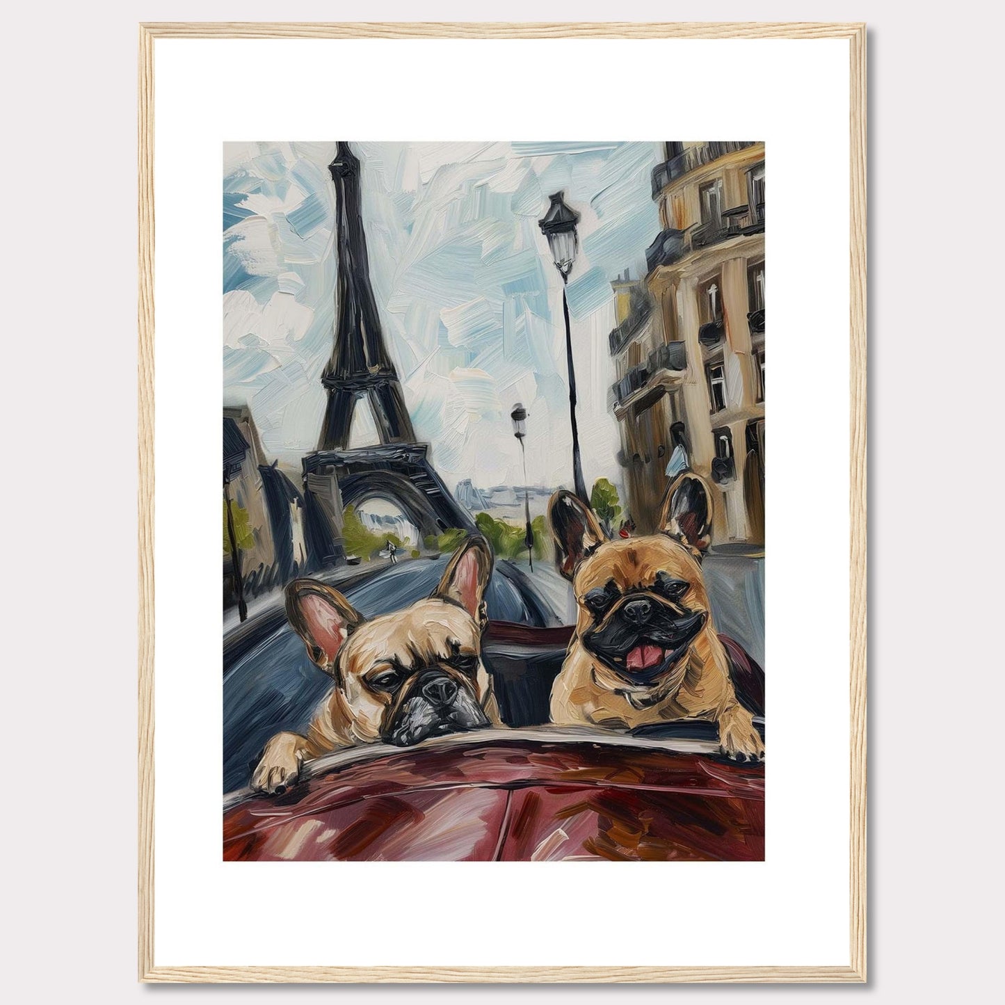 This vibrant painting captures two adorable French Bulldogs enjoying a ride in a car with the iconic Eiffel Tower in the background. The artwork beautifully blends elements of Parisian architecture, street lamps, and the joyful expressions of the dogs.