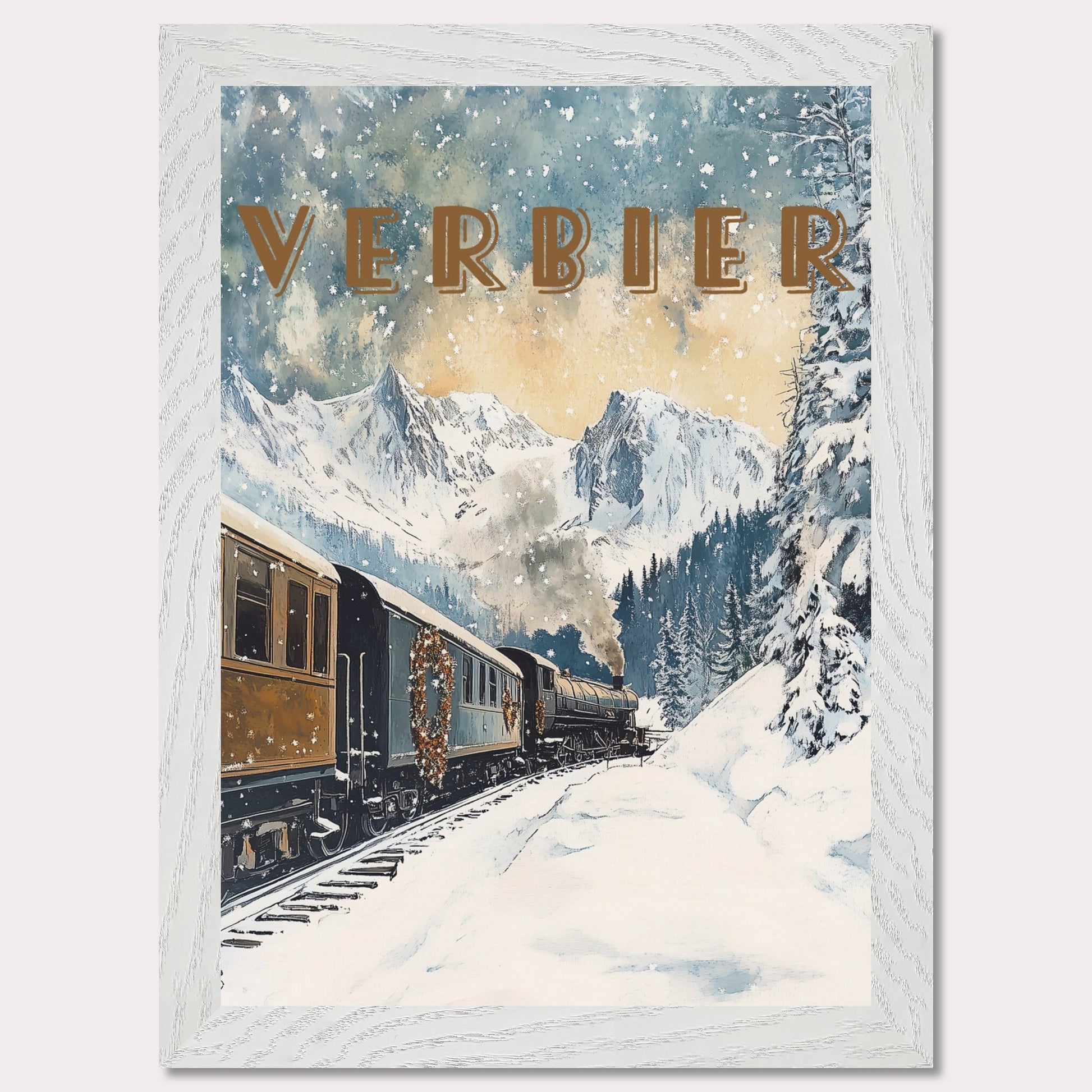 This enchanting winter poster showcases a vintage steam train winding through the snow-covered landscapes of Verbier. The train, adorned with festive wreaths, travels against a backdrop of majestic alpine peaks, tall evergreen trees, and a serene winter sky with softly falling snowflakes. The golden light filtering through the clouds adds a warm, nostalgic glow to the scene, evoking the magic of winter travel.