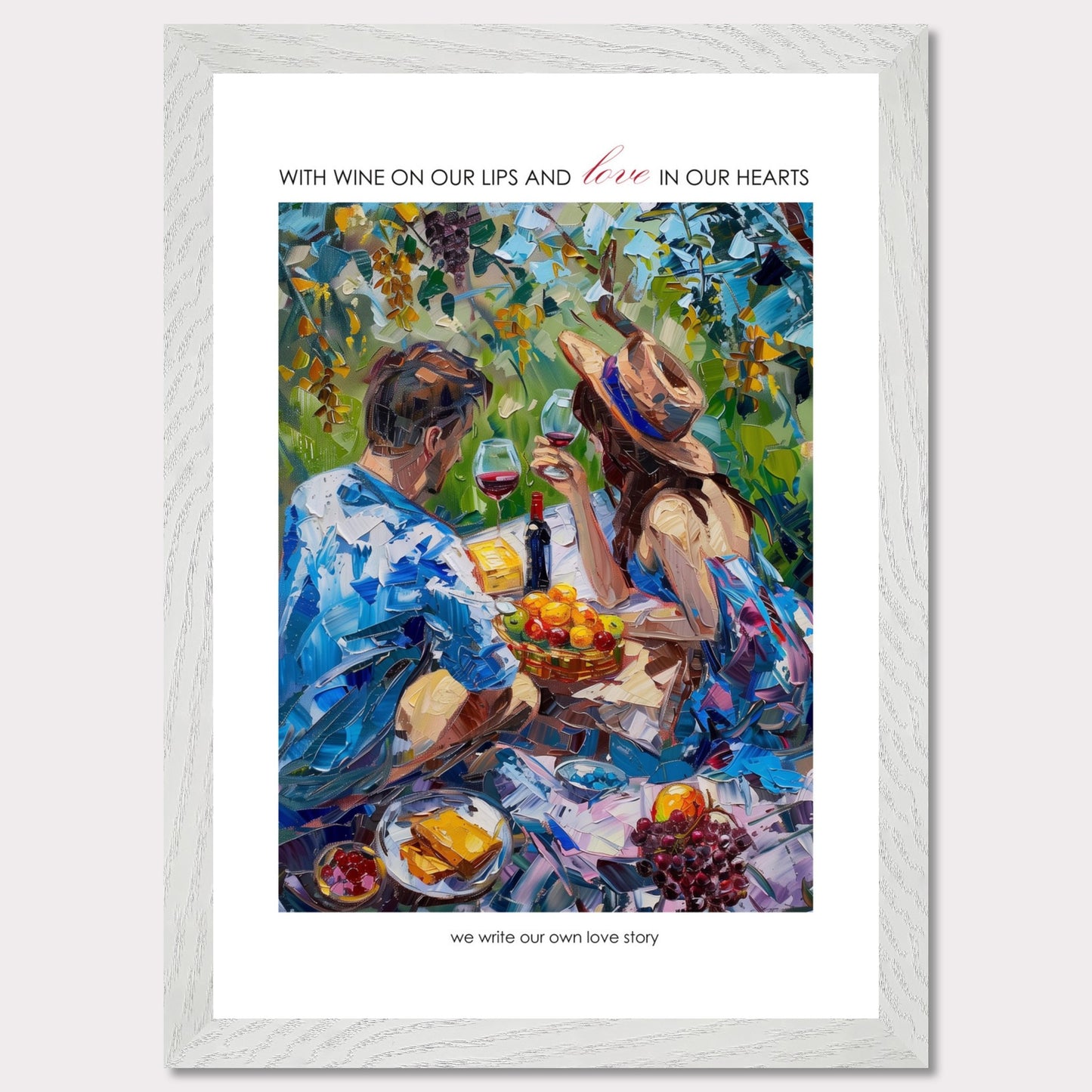 Couple on a summer picnic - Poster with a wooden frame